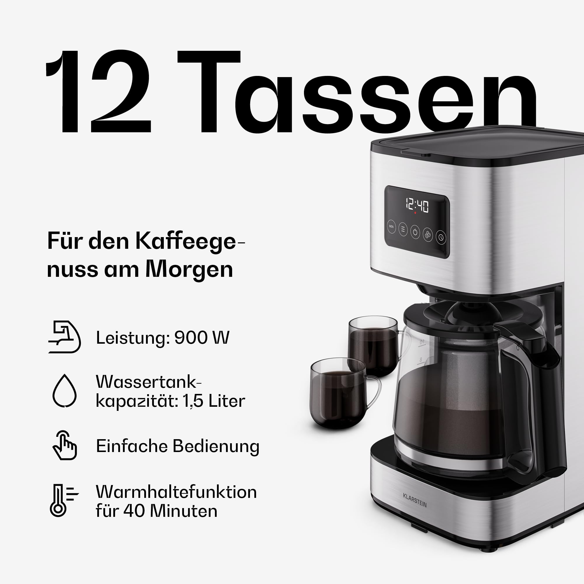 Klarstein Verosteel Frühstücksset – Toaster 2 Scheiben 7 Bräunungsstufen, Wasserkocher 1.7L Edelstahl, Kaffeemaschine 12 Tassen