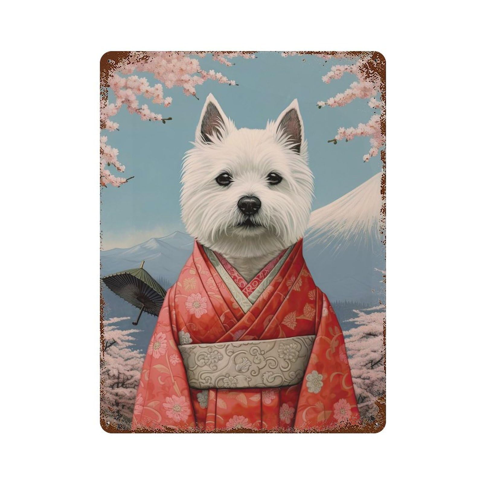 Weathered Tin Sign Westie Geisha 15.7"x11.8", Rustic Home Decor for Basement, Hobby Room And Garage Decor