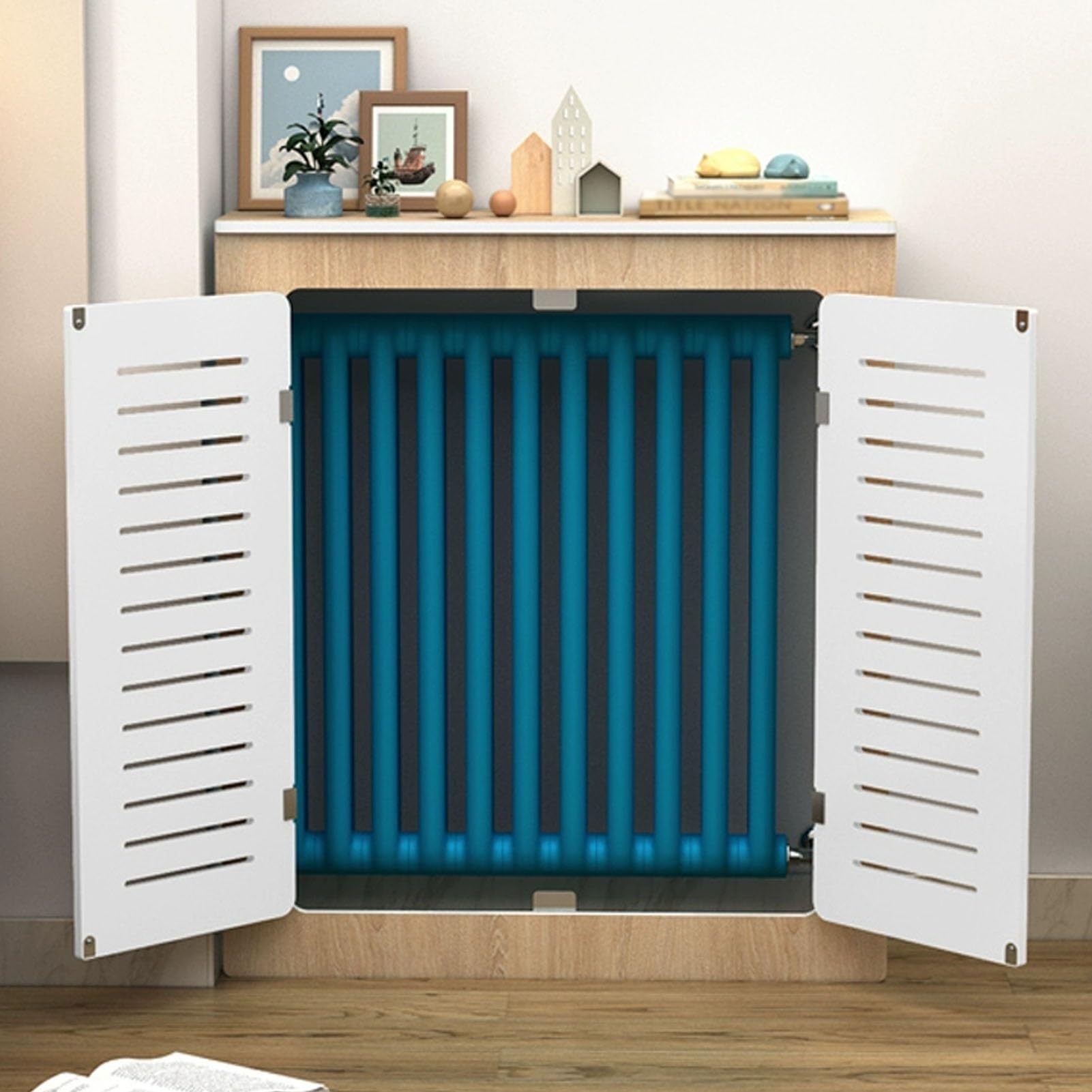 Cubreradiador de PVC blanco con dos puertas para pasillo y salon de 100x80x20 cm