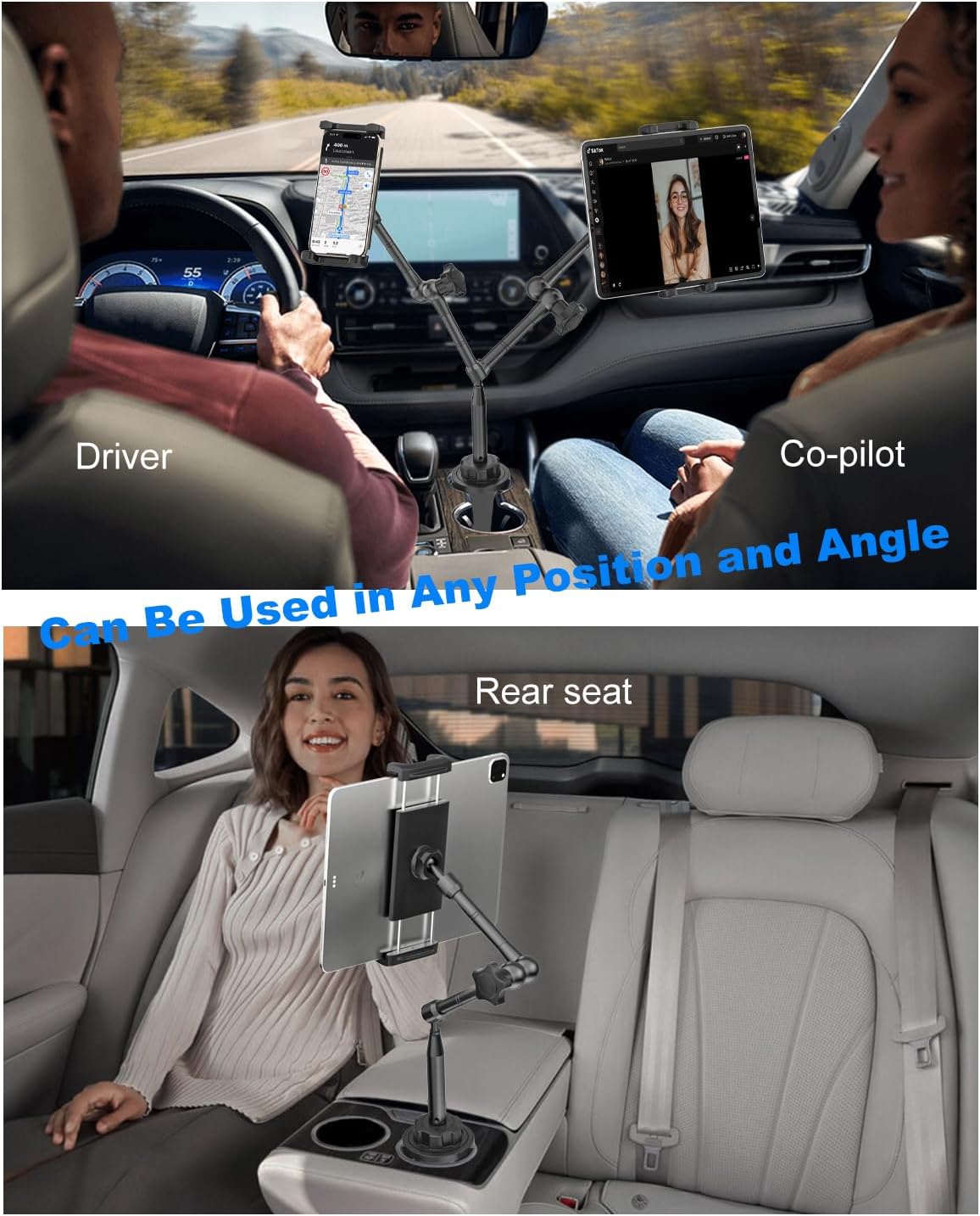 Heavy Duty Metal Cup Holder Tablet Car Mount, One-Touch Adjustment Magic Arm Cup Holder Tablet Mount for Cars, SUVs, Trucks, Compatible with iPad Pro Air Mini, iPhone, Z Fold, 4-13" Devices