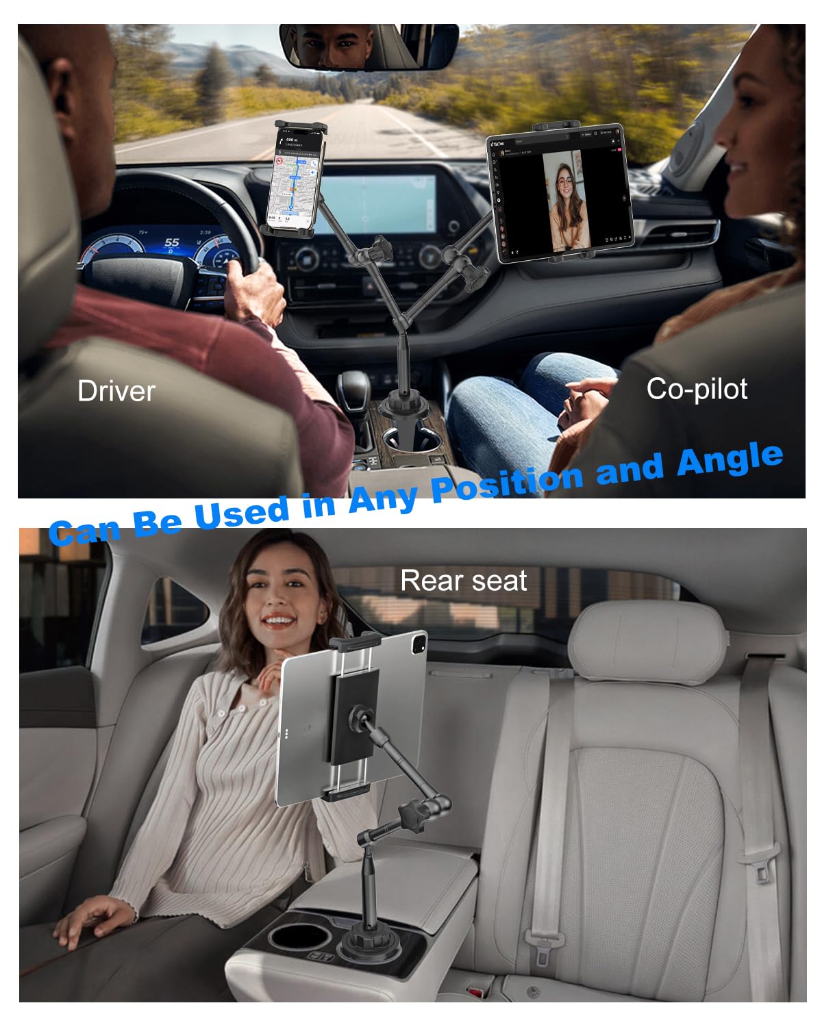 Supporto Tablet Auto da Portabicchiere con Braccio Metallico Regolabile, Compatibile con iPad Pro Air Mini, iPhone, Galaxy Z Fold e Dispositivi da 4-13 Pollici, per SUV e Camion