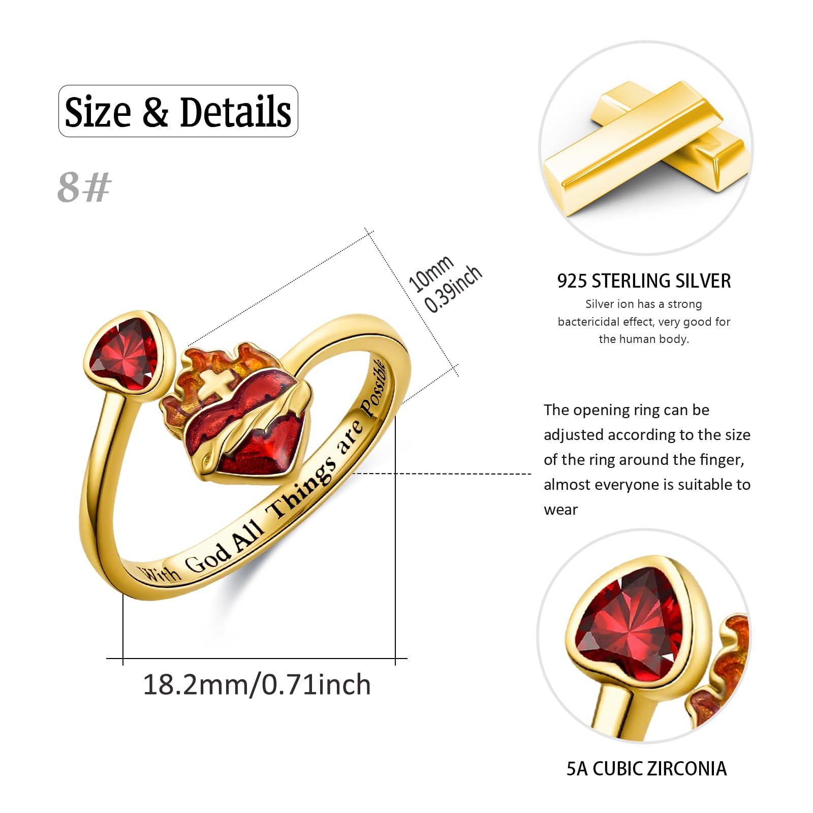 Anillo de corazón de plata de ley 925, anillo abierto ajustable de oro/negro/oro blanco, cruz de Jesús, anillos cristianos para mujeres y niñas, regalos de Navidad, Einheitsgröße, Plata de ley