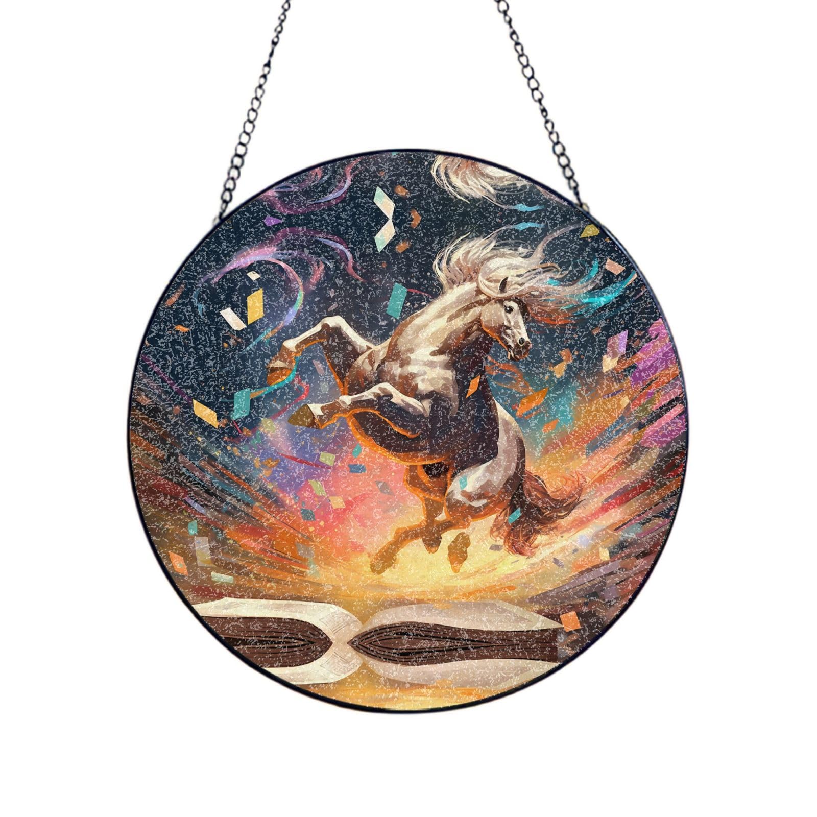 Phayah Horse Print Stained Glass Window Hanging Suncatcher For Door Terrace Garden Home Decor Sun Catcher Birthday Gifts For Lovers Dad Mom 6in（15cm）