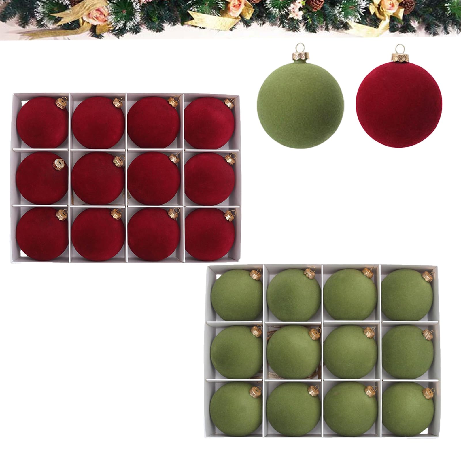 Velvet Christmas Ball Decorations 6cm/12pcs, Flocked Ball Set, Christmas Tree Decorative Hanging Ornaments, Burgundy Decorations Baubles (Wine+Army Green)