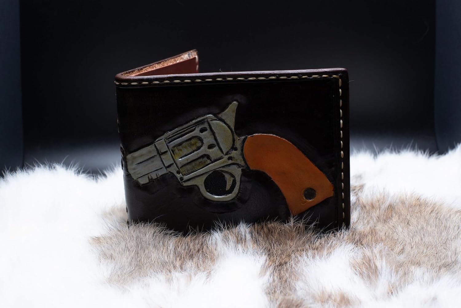 Revolver, Gun, Men's 3D Genuine Leather Wallet, Handmade wallet, Carved wallet, Tooled wallet, Airbrush Art, Bifold wallet, Custom wallet, Personalized wallet, C(3)