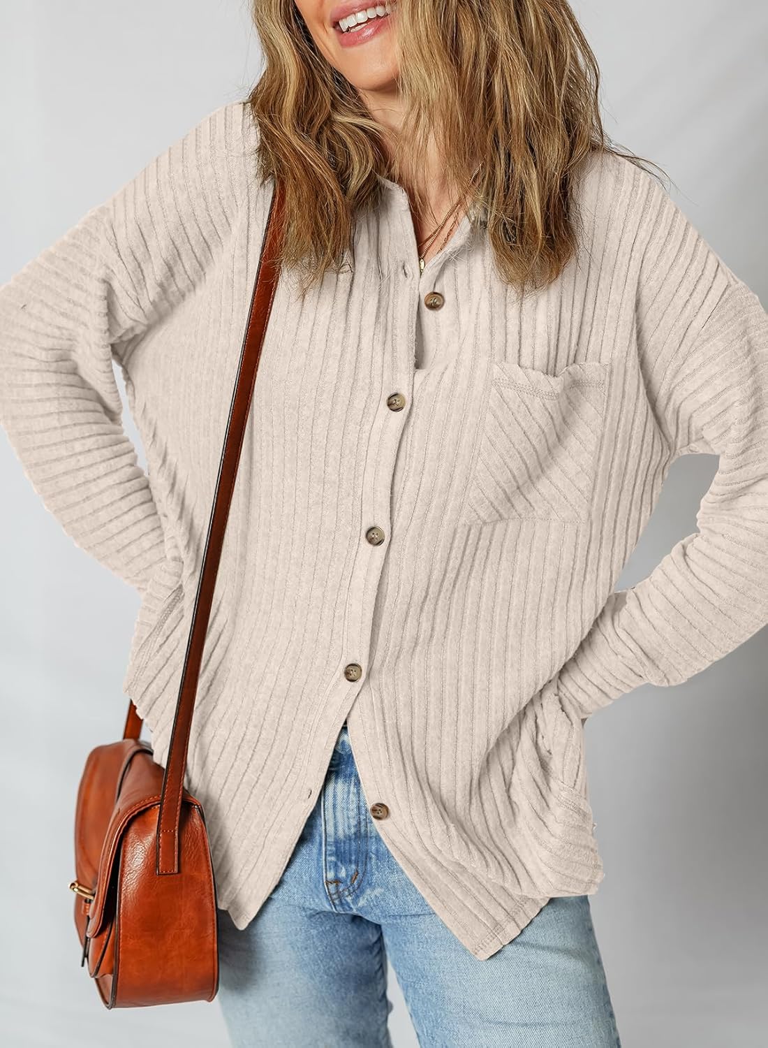 SHEWIN Womens Ribbed Knit Shacket Jacket Casual Long Sleeve Button Down Shirts Loose Sweater Tops Dressy Blouses with Pocket - Image 3