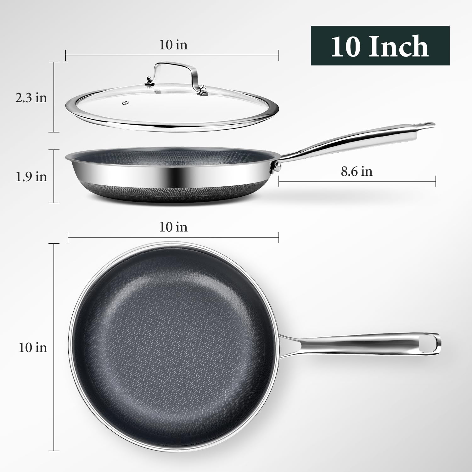 Non Stick 10-Inch Pan, Titanium Hybrid Pan with Lid, Stay-Cool Handle, Professional Frying Pan, Dishwasher Friendly, Oven Safe, Compatible with All Cooktop