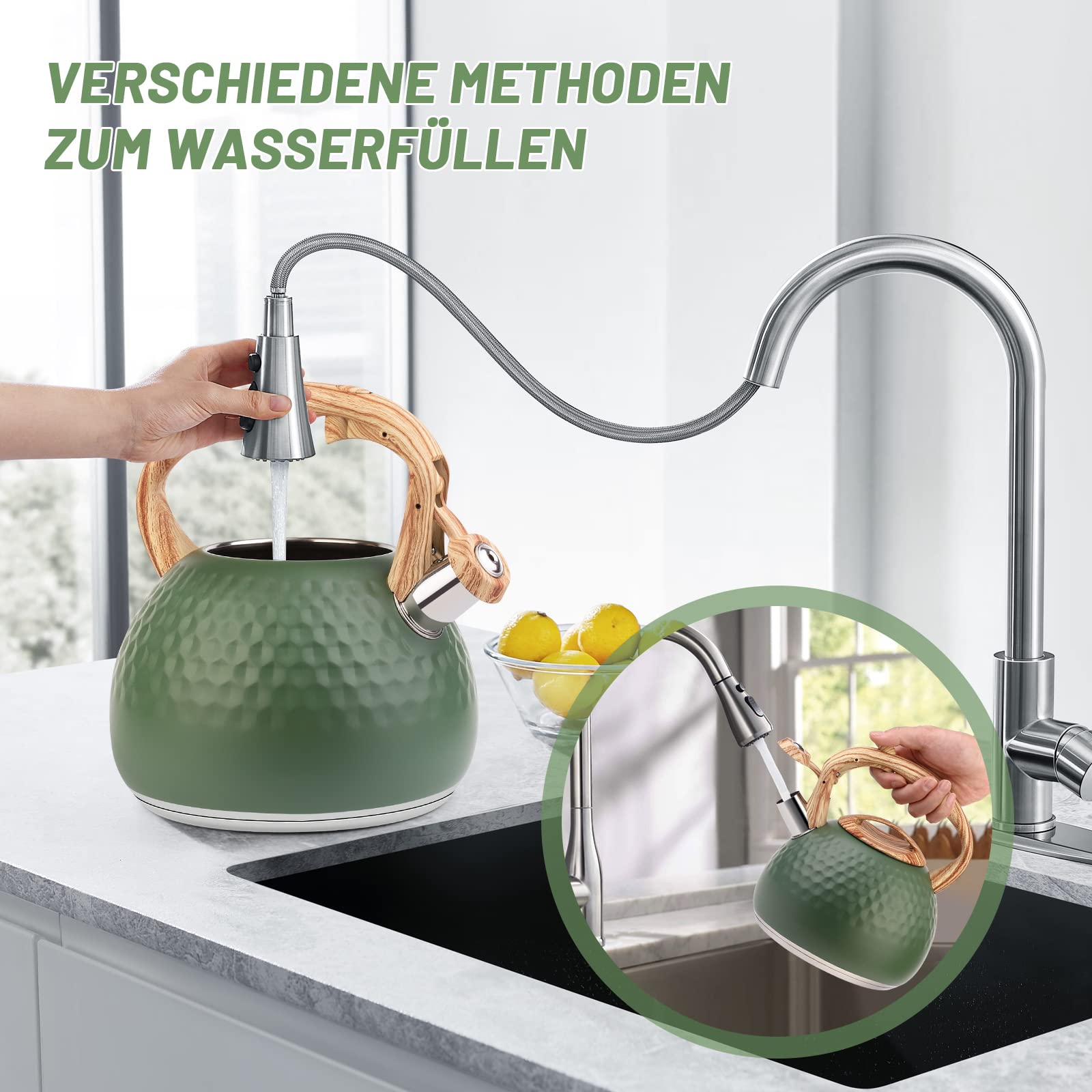 ERWEY Bollitore Moderno da 3 L, a Induzione, in Acciaio Inox per Tutti i Piani Cottura, Con Manico di Colore Legno, per Tè e Caffè, Verde