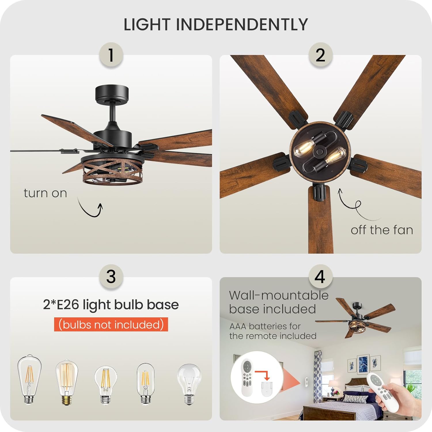Four-panel image showing how to operate the light independently, the E26 bulb base, and the wall-mountable remote control base.