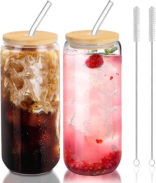 20 Oz Glass Cups with Lids and Straws 2Pcs,Glass Iced Coffee Cups,20 Oz Glass Tumbler with Bamboo Lid and Straw for Smoothie,Cocktail Beer, Whiskey,Soda(2 Clean Brush)