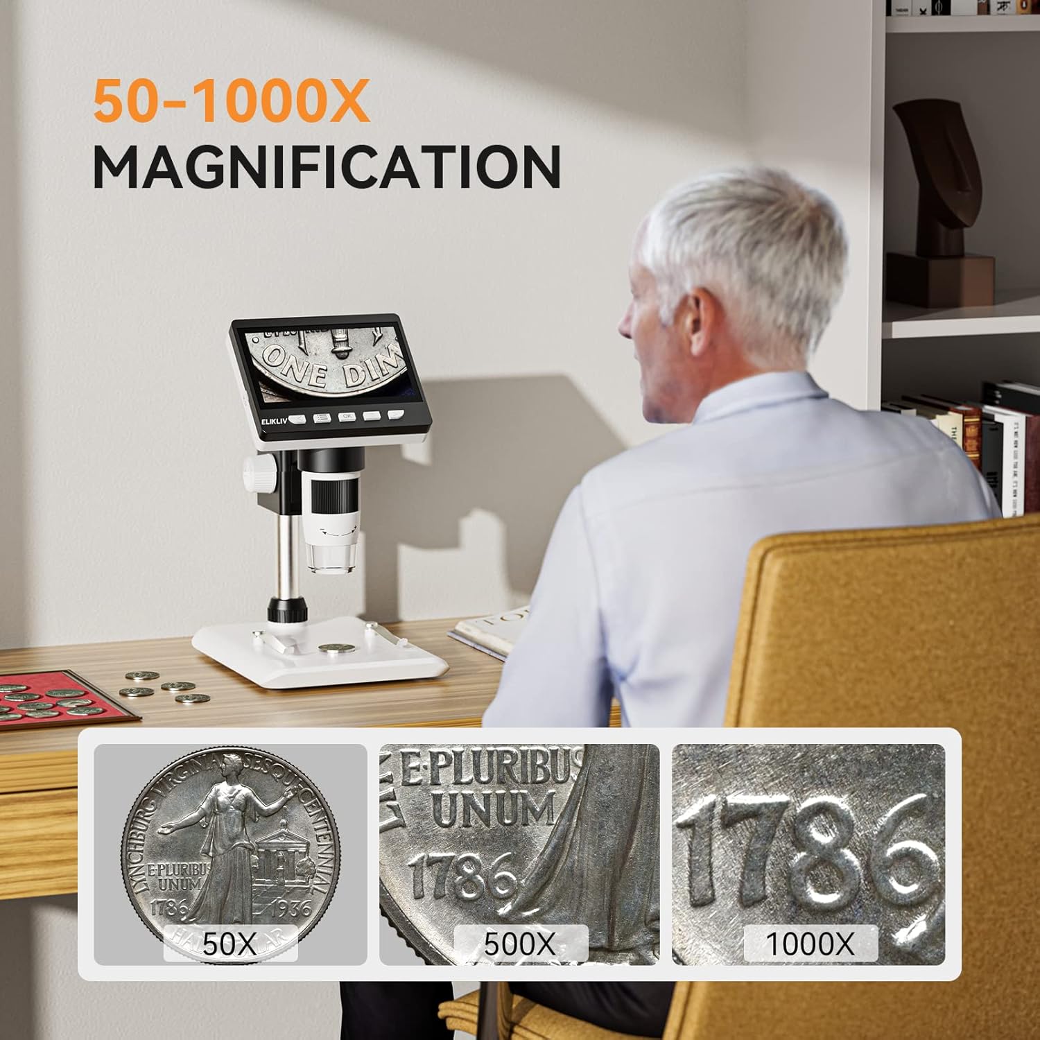 Elikliv EDM43 4.3" Coin Microscope, LCD Digital Microscope 1000x, Coin Magnifier with 8 Adjustable LED Lights, PC View, Windows Compatible(White) : Electronics