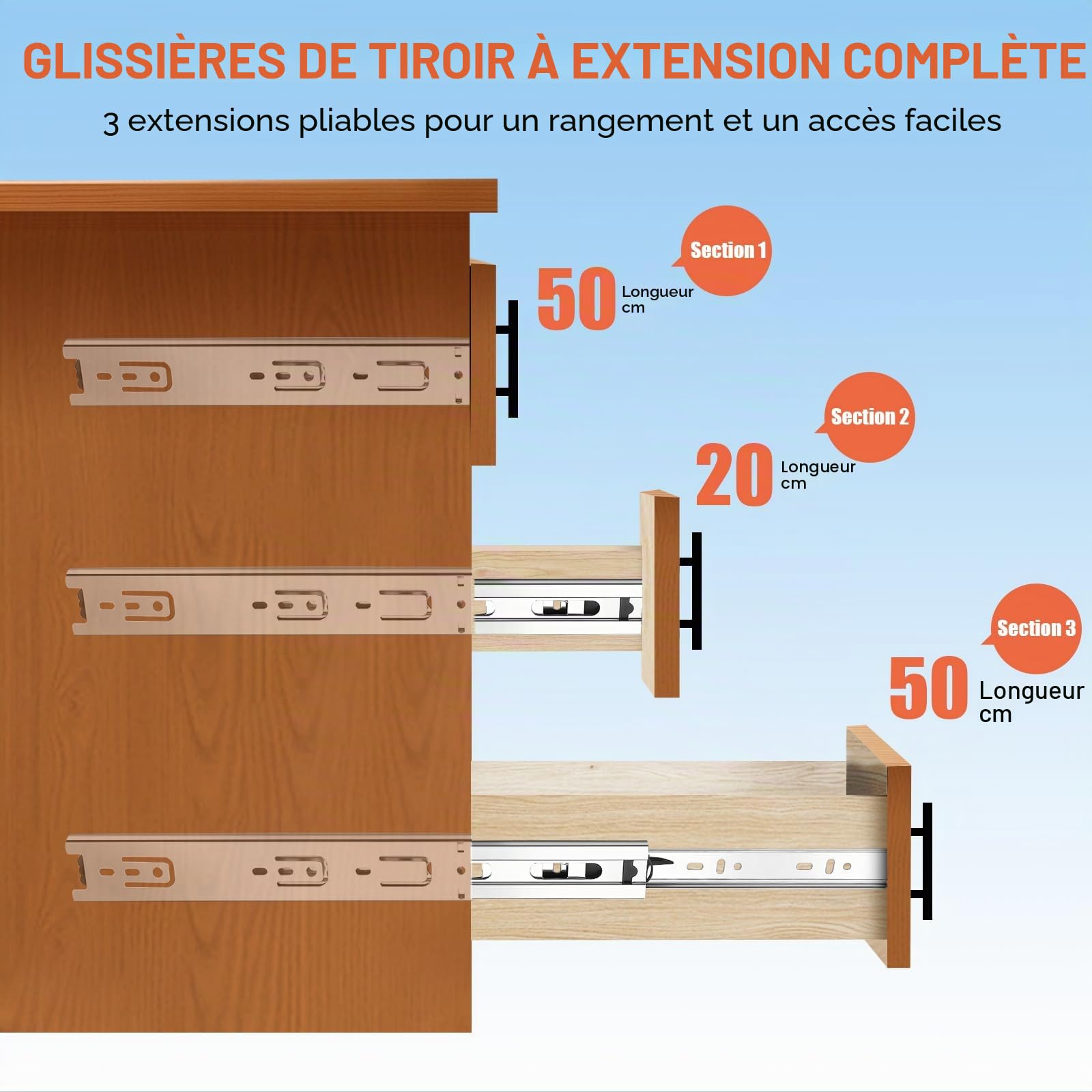 Sulawskys 4 paires glissières de tiroir 55 cm (8 pièces),glissiere pour tiroir, montage latéral,extension complète,coulisse tiroir avec roulements à billes, capacité de 45 kg, argent