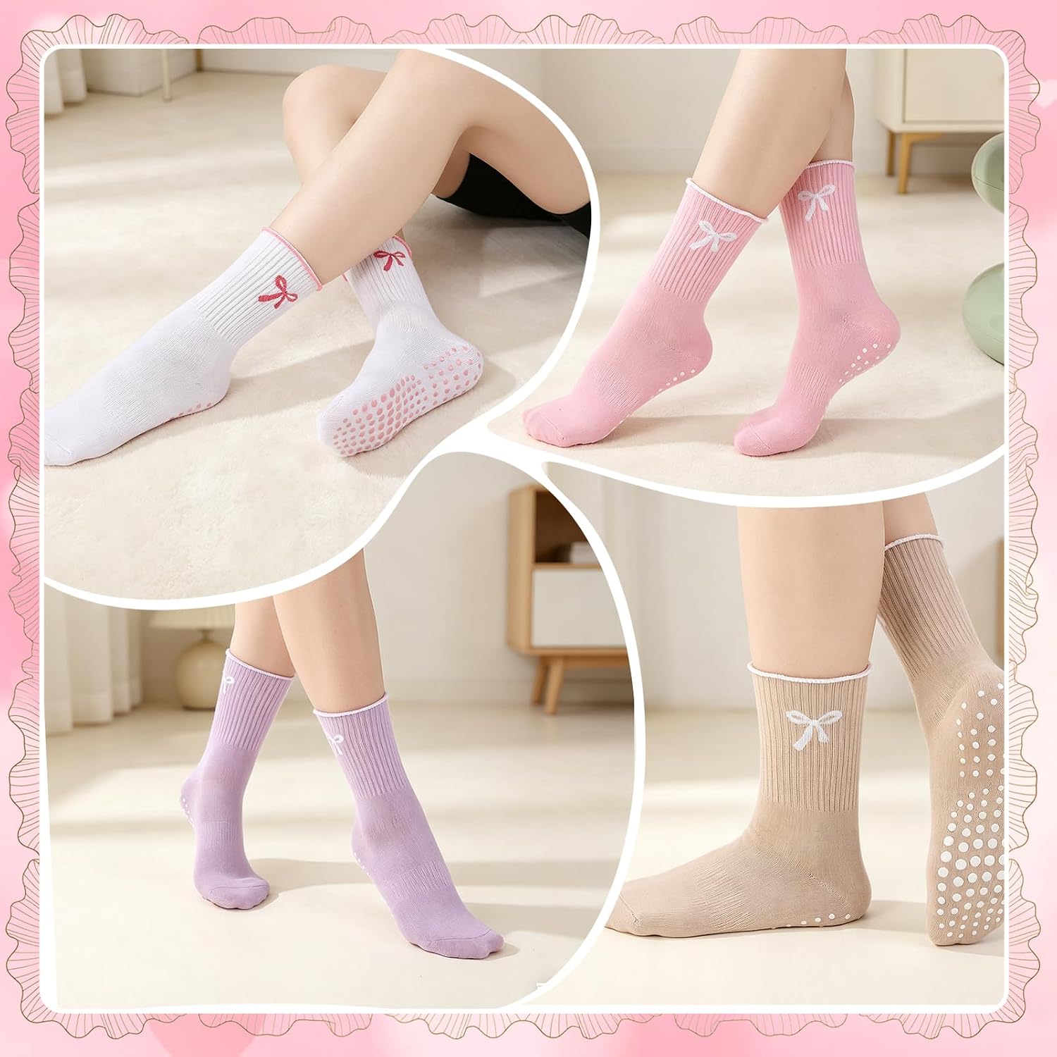 6 Pairs Cute Pilates Socks for Women, Ruffle Frilly Yoga Socks Non Slip Cotton Crew Socks with Bow for Workout Ballet