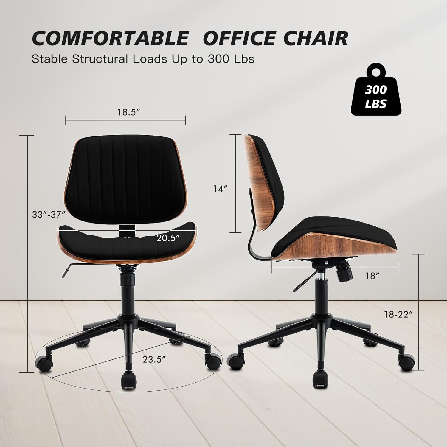 armless desk chair with 360°swivel wheels, ergonomic adjustable height computer chair for home office,pu leather with modern walnut drafting chairs for office, reading nook(black)