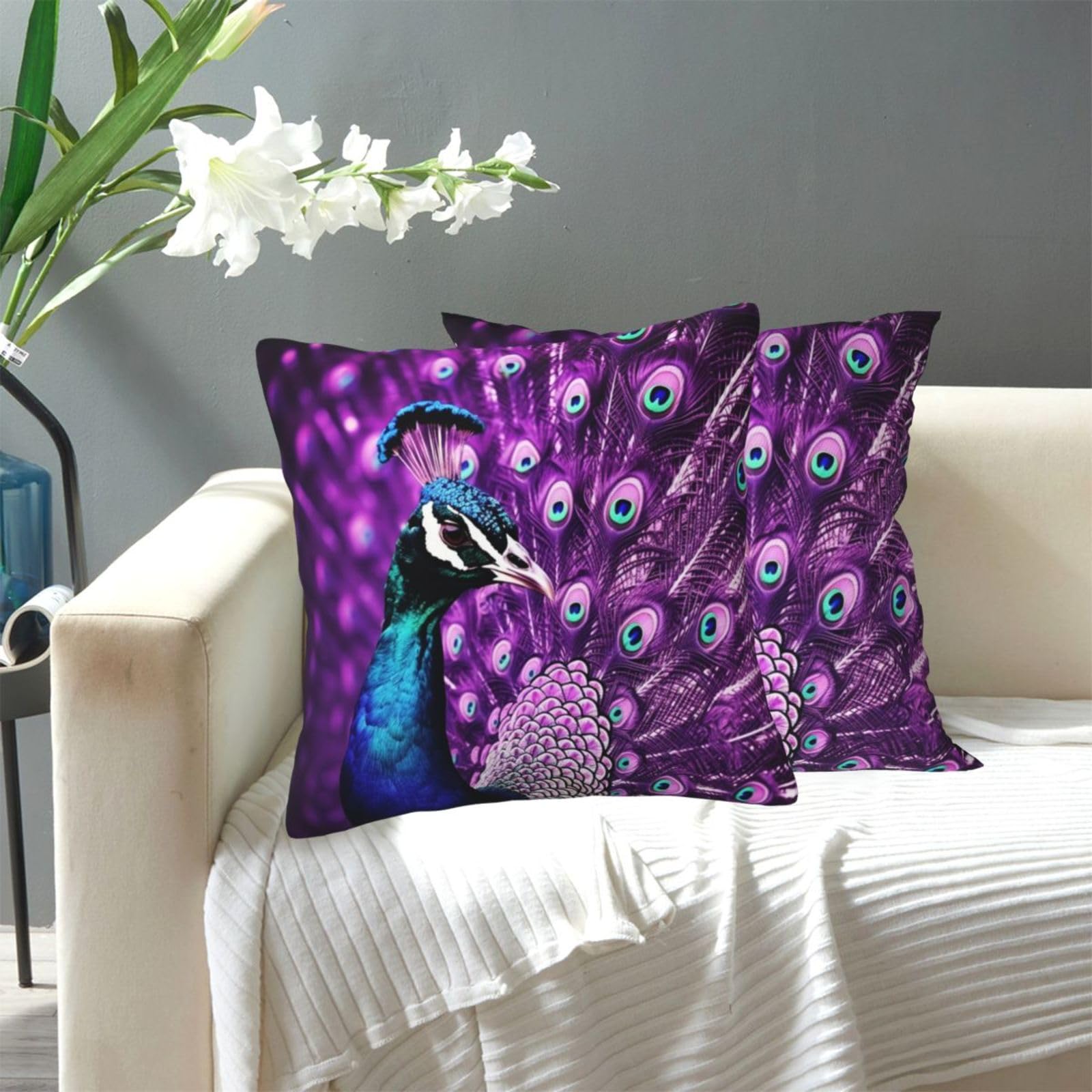 FekiLoot Decorative Throw Pillow Covers Modern Farmhouse Pillowcase Double Sided Cozy Cushion Cover for Sofa Couch Bed 20"X20" Purple Peacock