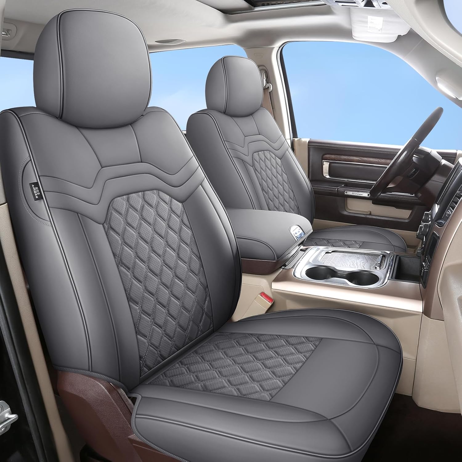 Huidasource 2Pcs RAM Front Seat Covers, Waterproof Leather Seat Cover for 2009-2025 Ram 1500, 2010-2025 Ram 2500 3500 Crew Mega Cab (Concave Front/Gray)