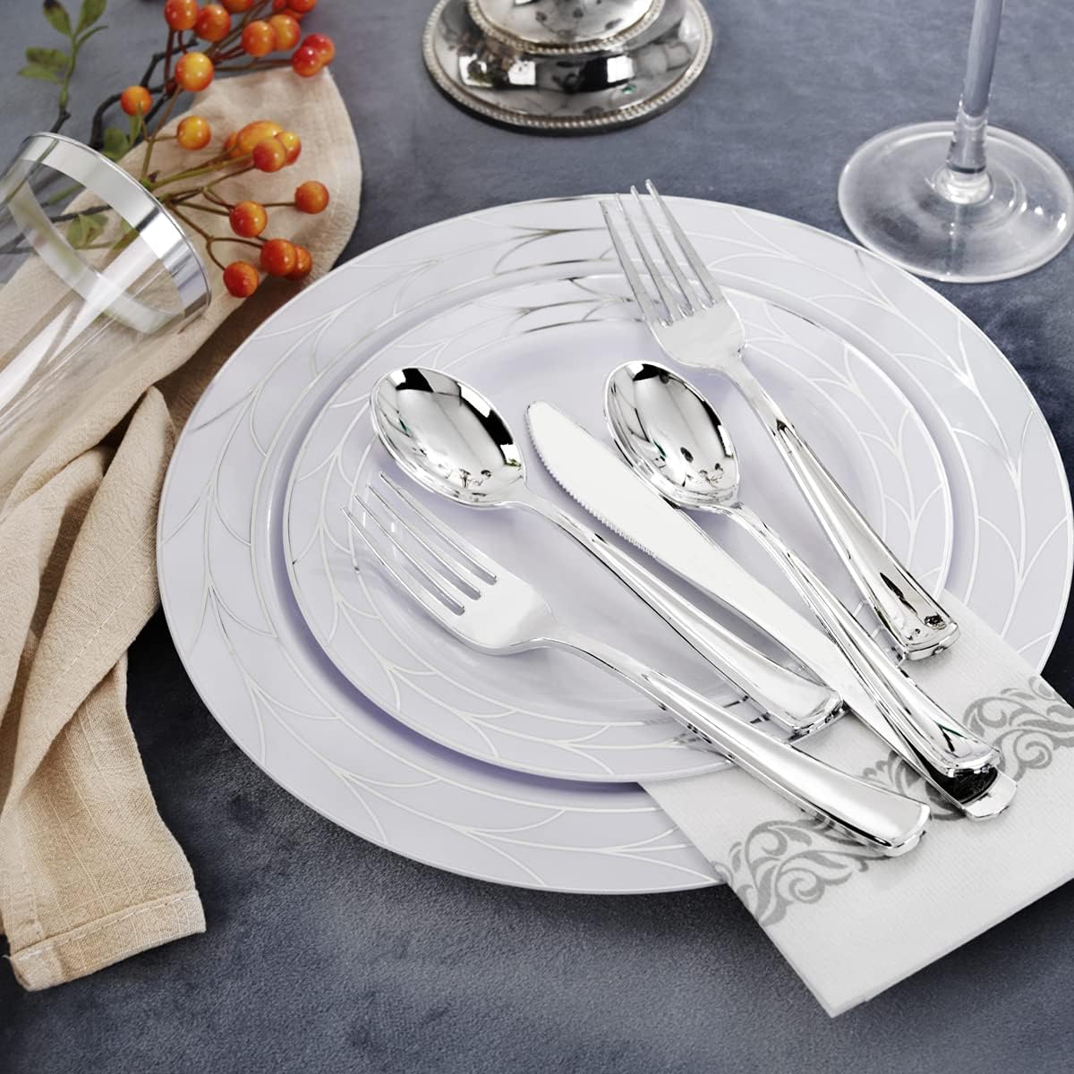 COLOSUS 175pcs Disposable New Year Plastic Plates and Silverware set, Include 25 Dinner Plate, 25 Dessert Plate, 25 Cup, 25 Napkin,75 Silver Silverware Set, Plastic Fall Plates Set for 25 guests