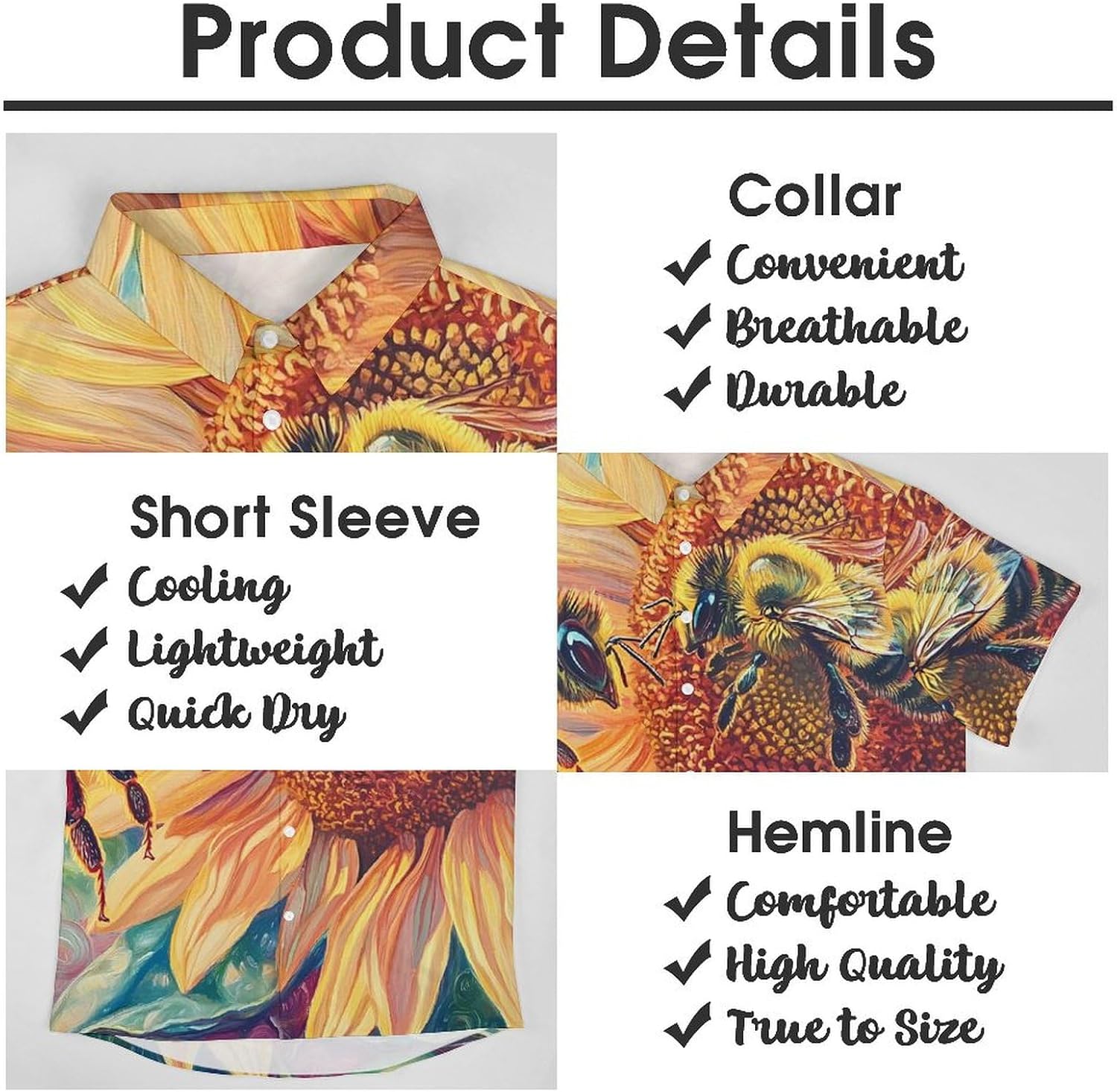 Bees Sunflowers Hawaiian Shirt for Men Short Sleeve Beach Shirts Casual Beach Party Clothing Tops 3XL