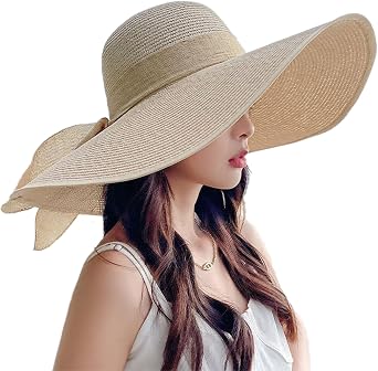 Women Beach Sun Hats, Big Wide Brim Straw Hat for Women UPF 80+ UV Protection, Summer Hats Packable Foldable