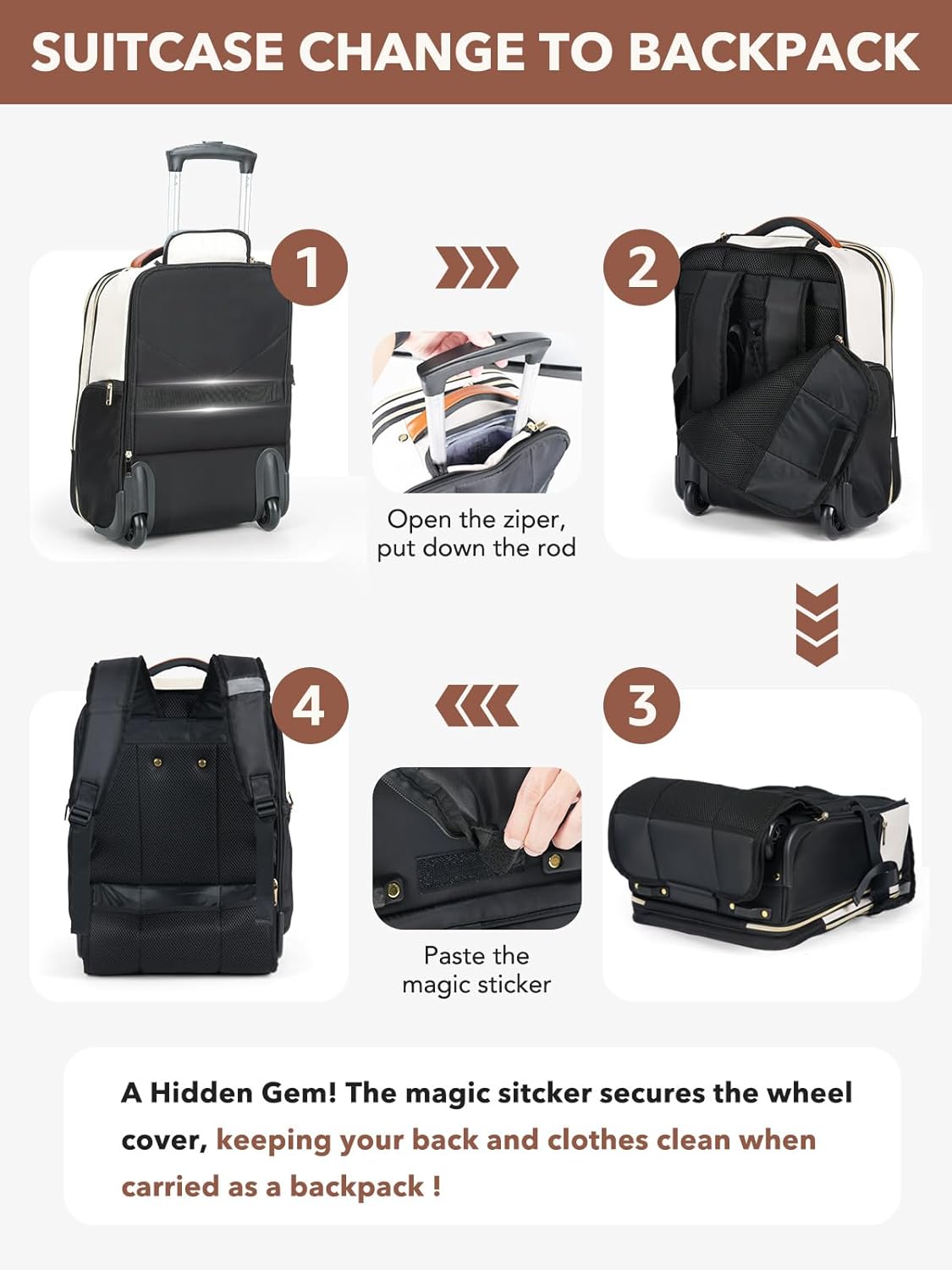 Rolling Backpack for Women, Large Travel Backpack with Wheels Carry on Flight Approved, 15.6 Inch Laptop Wheeled Roller Bag Suitcase for Work Bussiness Weekender (Beige,M Underseat Size)