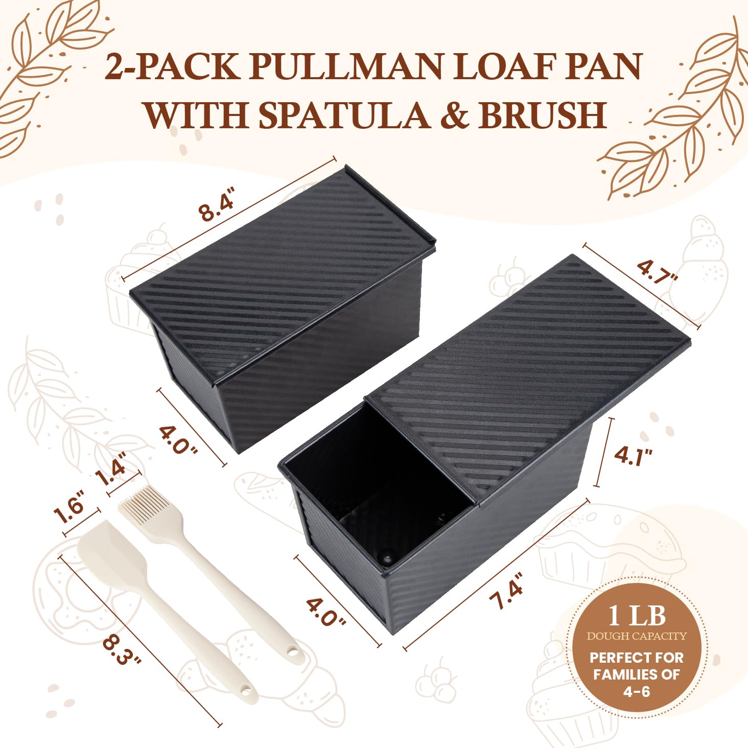 CARTMAN 2er-Pack Kastenform mit Deckel und Silikonspatel und Pinsel, 1 lb Teigkapazität, antihaftbeschichtete Backformen aus Kohlenstoffstahl mit Deckel
