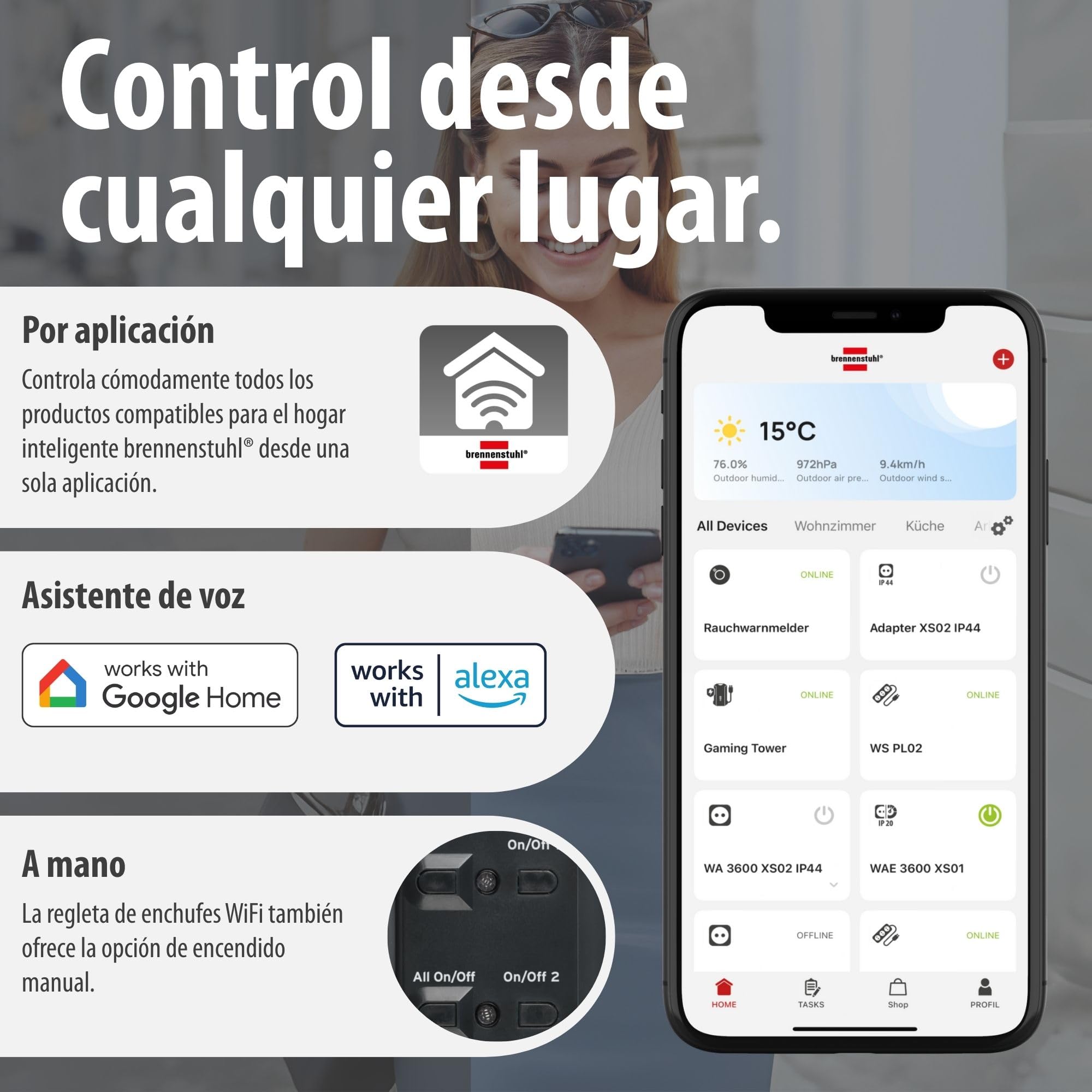 Brennenstuhl Connect Regleta Inteligente Eco-Line WS EL0102 con 6 Tomas programable (Regleta WiFi, Control por App o Voz, aplicación Gratuita, Compatible con Alexa y Google Assistant) Negro