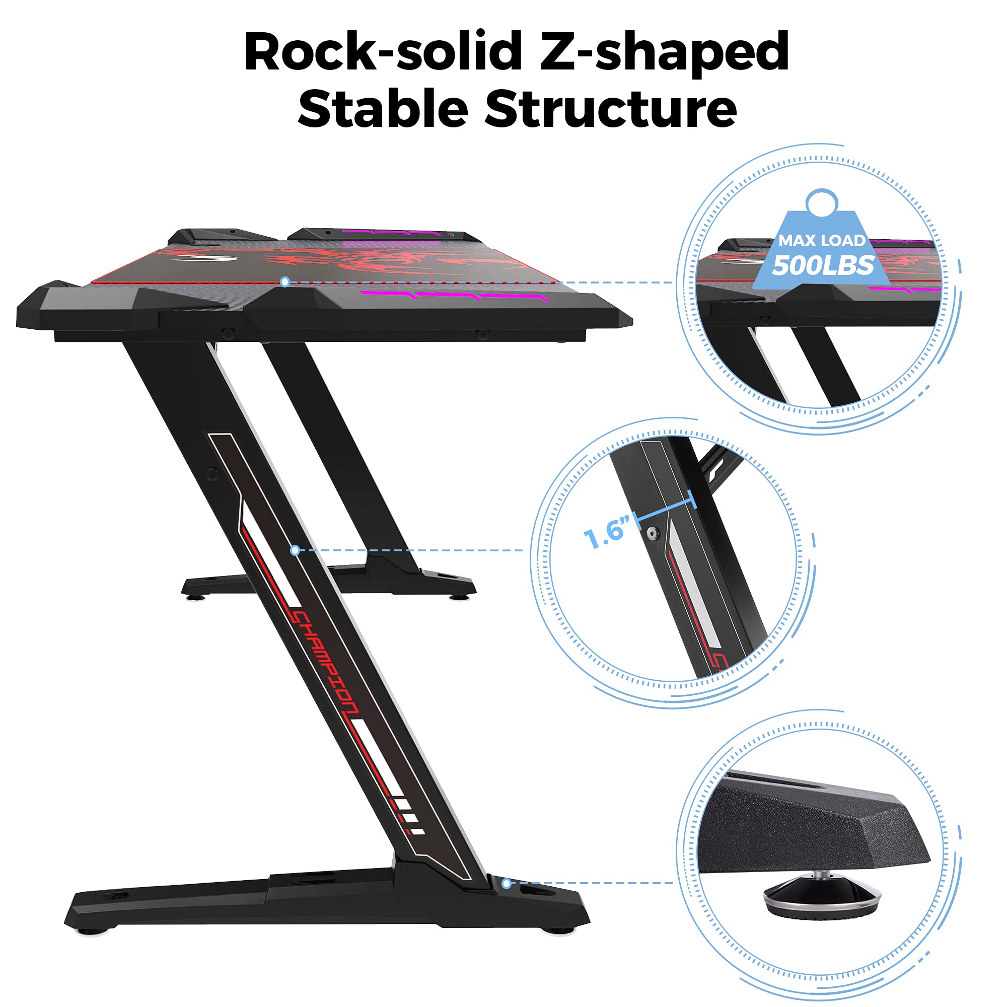 EUREKA ERGONOMIC Z60 Gaming Desk 60 inch Computer Desk Z Shaped Large PC Tables with RGB LED