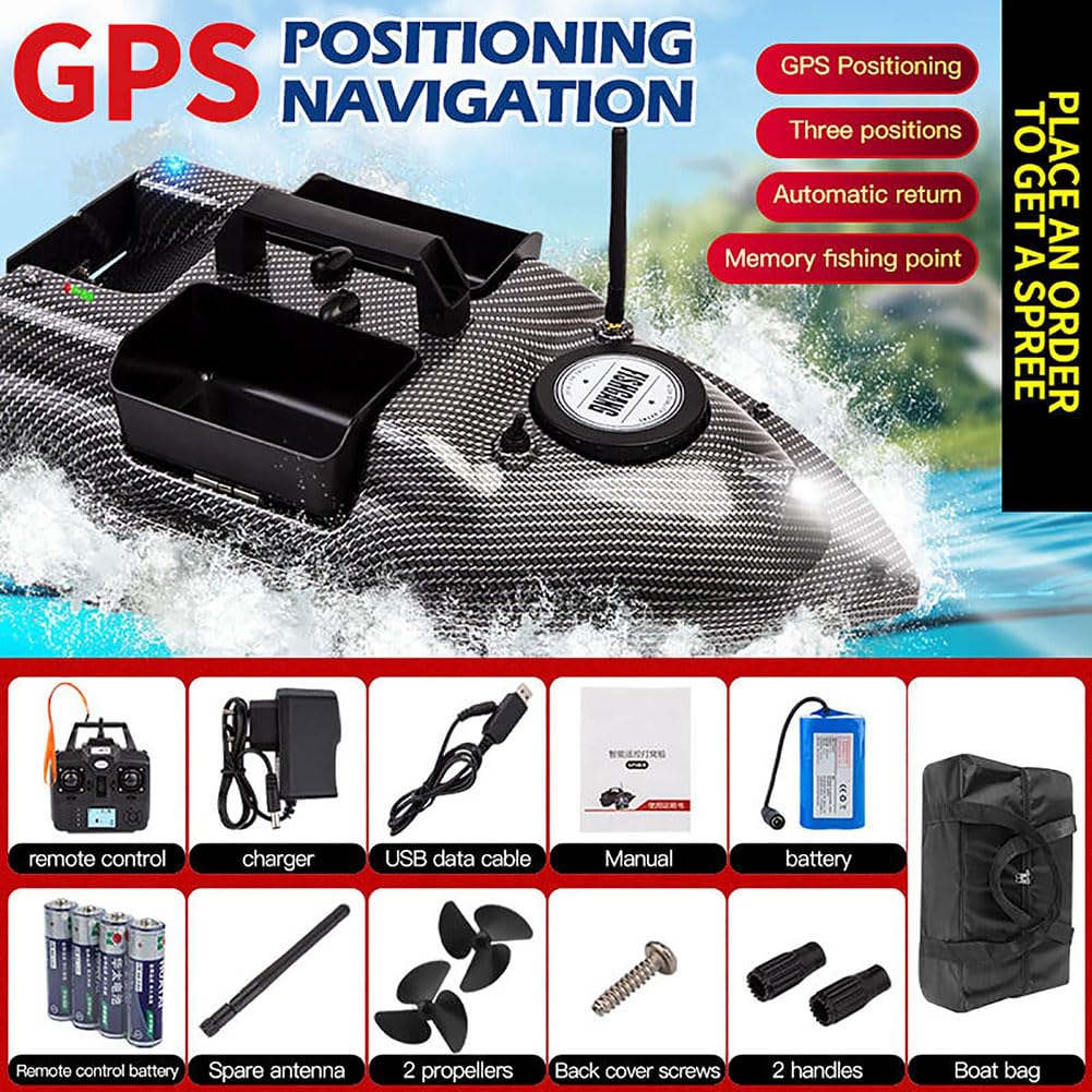 Barca da pesca con esca da 500 m, barca da pesca telecomandata GPS con 3 contenitori per esche, ecoscandaglio automatico con luce notturna a LED, tramoggia di carico da 2 kg,ritorno automatico con una
