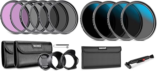 NEEWER Kit de filtro de lente de 2.638 in (UV, CPL, FLD, ND2, ND4, ND8, parasol de lente, tapa de lente) y ND16/ND32/ND64/ND1000 compatible con