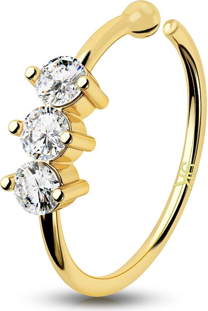 OUFER 9ct Solid Gold Nose Ring Hoop Piercings 20 Gauge Seamless Open Nostril Nose Earring CZ Flower Helix Hoops Cartilage Rook Daith Tragus Body Jewellery Women Men Gift 8mm