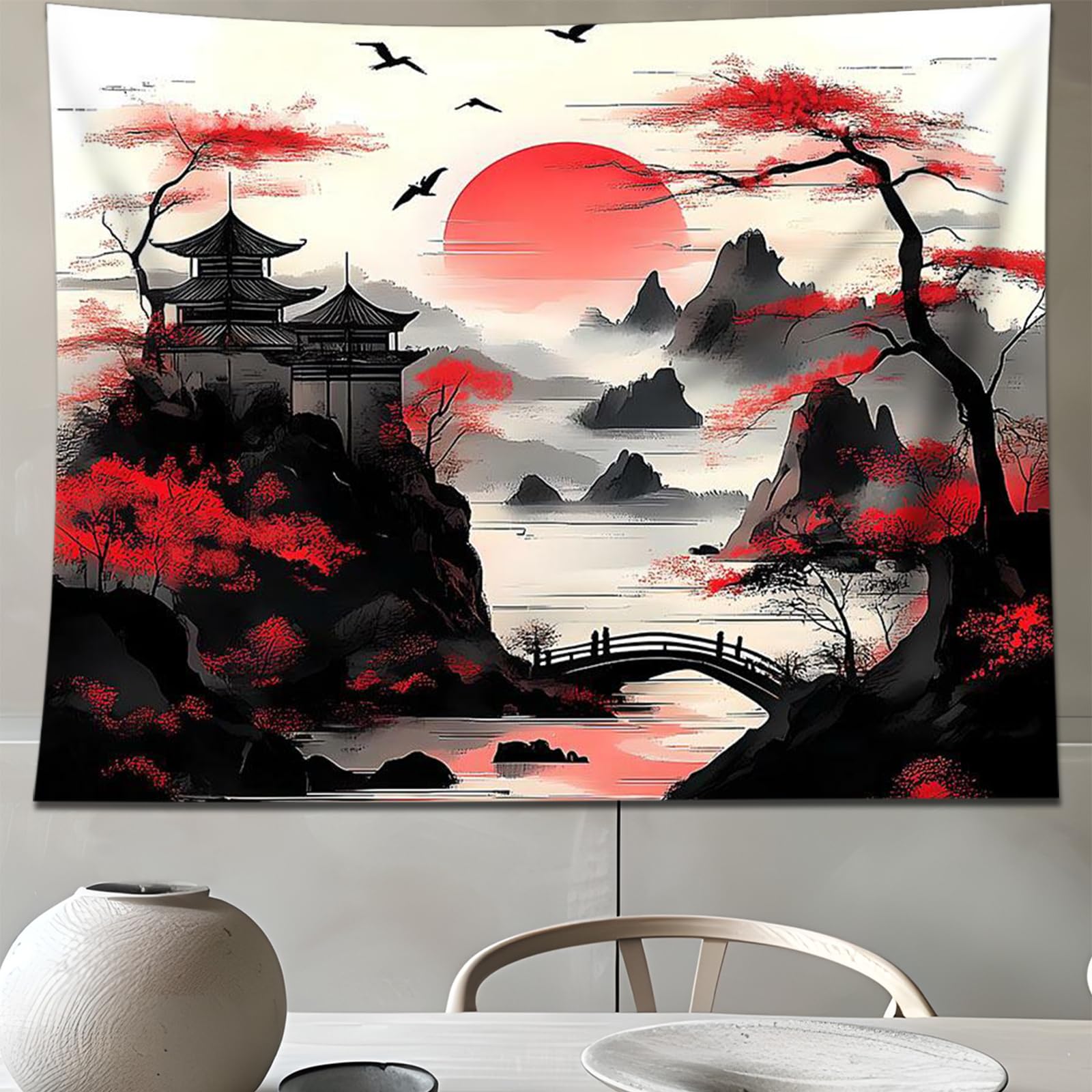 APROPHIC Arazzo da parete per camera da letto, foresta, bianco e nero, acquerello, paesaggio, alberi, tramonto, buio, grande soggiorno, estetico, Art Deco, 150 x 130 cm