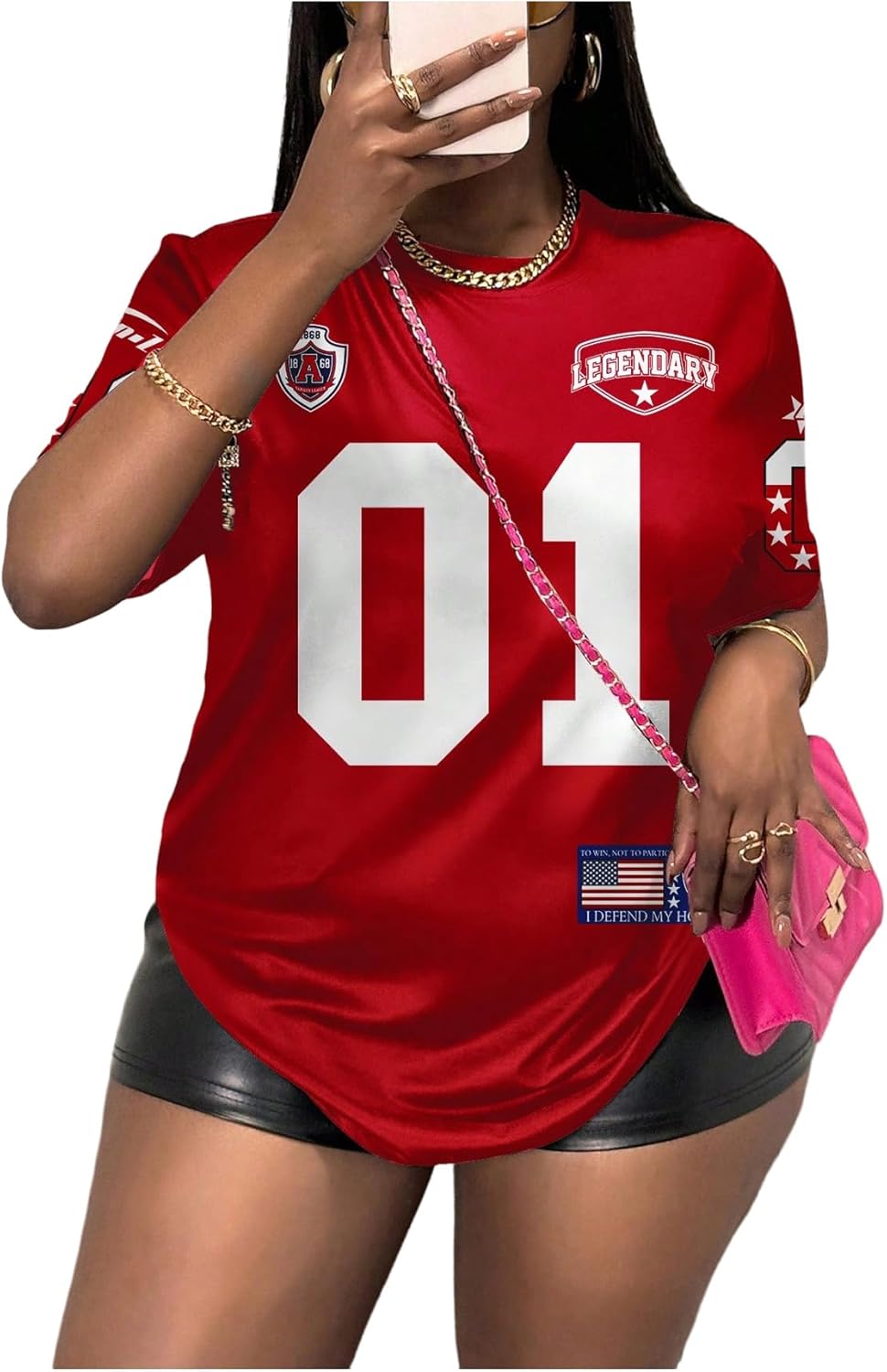 WDIRARA Women's Plus Size Jerseys Number Graphic Oversized Tee Shirts Crew Neck Short Sleeve Tops Streetwear