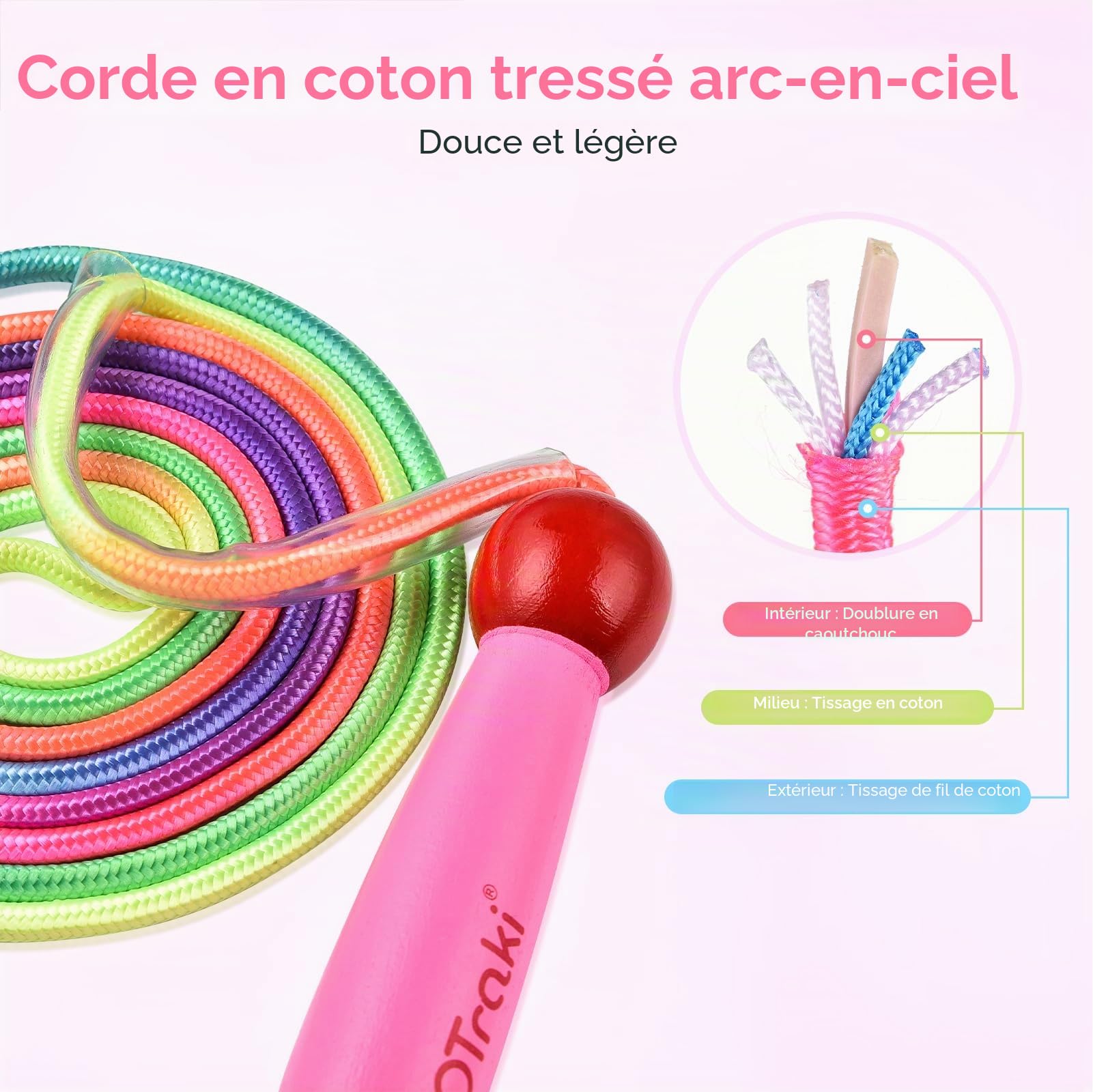 OTraki Corde à sauter arc-en-ciel pour enfants, cordes à sauter réglables pour enfants, corde à sauter avec poignée en bois pour filles/garçons, corde à sauter d'exercice pour enfants