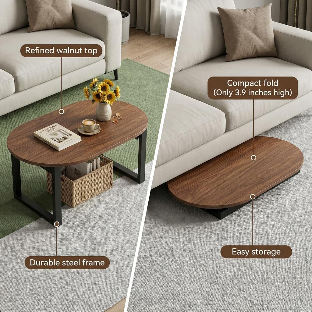 Walnut Folding Low Coffee Table for Small Spaces, Living Room,35inch Brown | No Assembly Required, Supports 240 lbs, Portable,Sturdy & Stable, Water-Resistant, Scratch-Resistant, Easy Storage, low