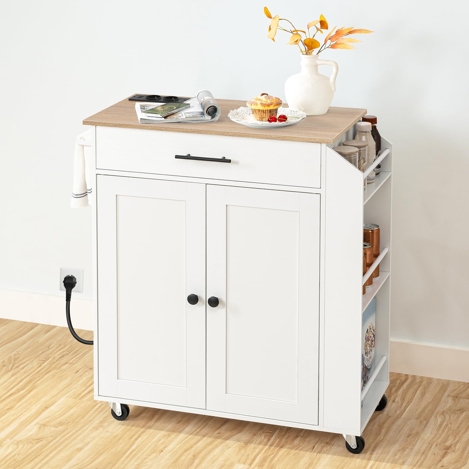HOOBRO Küchenwagen mit Arbeitsplatte, Kücheninsel Küchenschrank mit Steckdosenleiste, bewegliche Kücheninsel mit Schublade und Gewürzregal, Küchenwagen auf Rollen, 80,8 x 38 x 86 cm EWN82CZD01