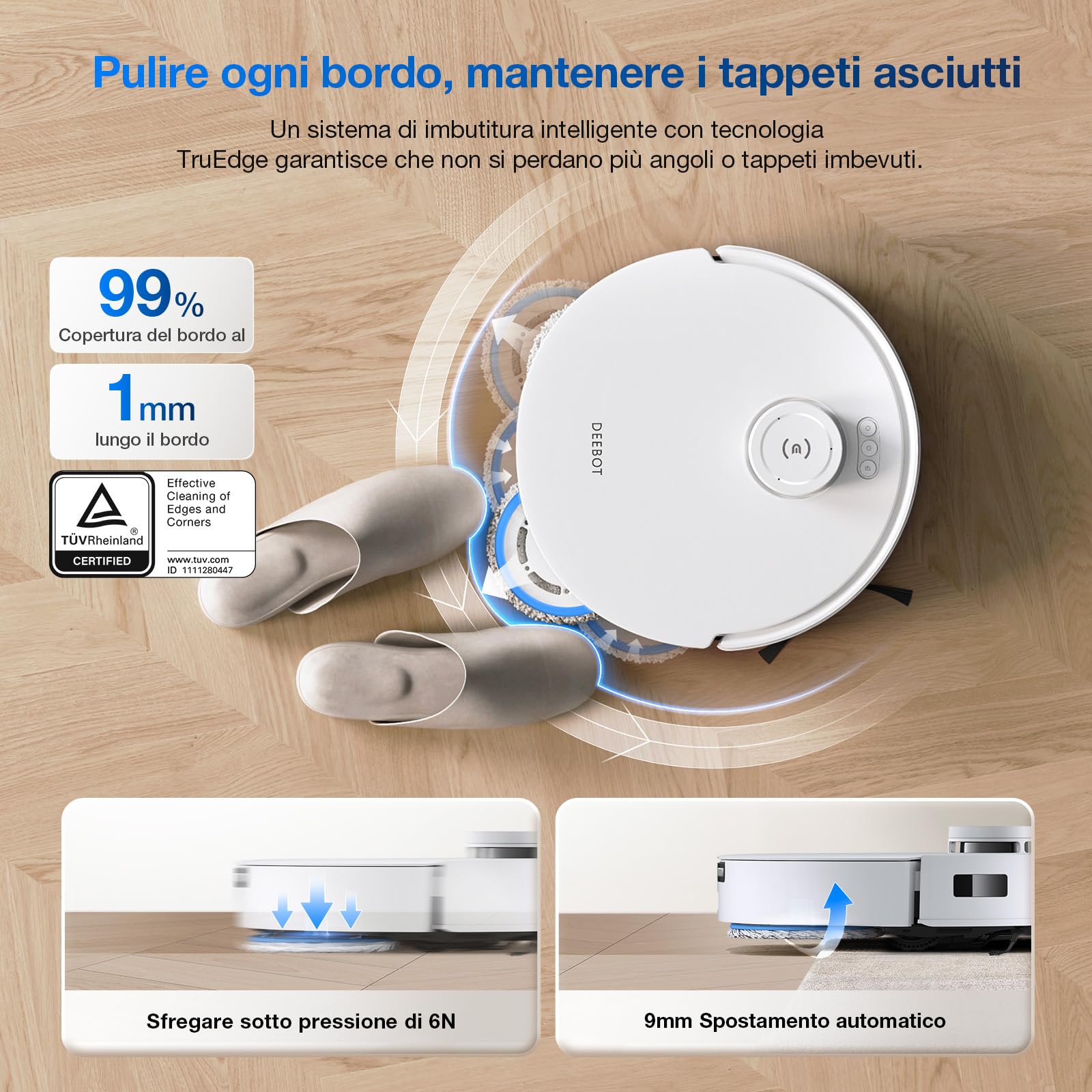 ECOVACS Robot Lavapavimenti e Aspirapolvere DEEBOT T30S COMBO con Hub di Pulizia All-in-One, Doppio Auto-svuotamento, 11000Pa, Anti-grovigli, Lavaggio Mocio ad Acqua Calda a 70°C, Sollevamento Mop 9mm