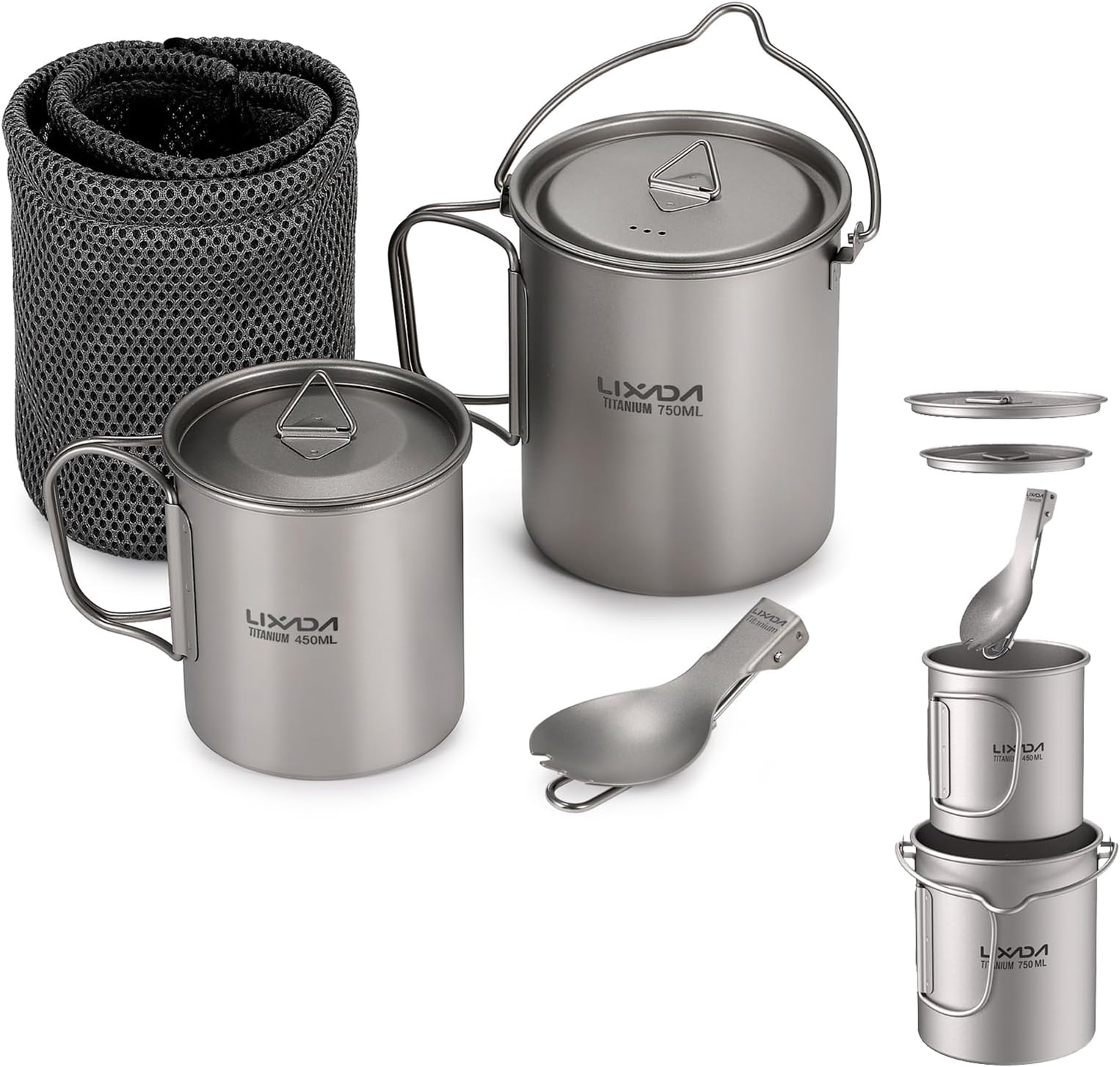 Lixada Titanium Cup Portable Foldable Ultralight Cup with Lid for Picnic and Folding Fork