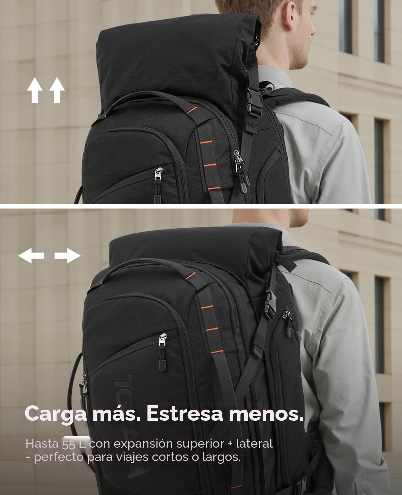 Tolaccea Mochila de Viaje Expandible 40L-55L, Mochila Viaje Cabina Avion TSA, Mochila Grande para Portátil 17,3", Travel Backpack Impermeable para Hombre Mujer, Senderismo y Acampada