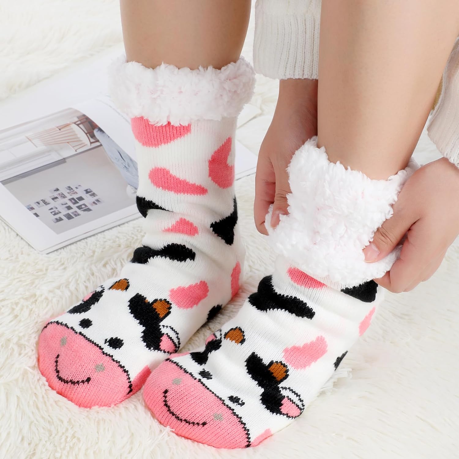 Suhine 6 Pairs Womens Winter Fuzzy Slipper Socks with Grippers Home Warm Thick Fleece Sherpa Socks Favor Gifts