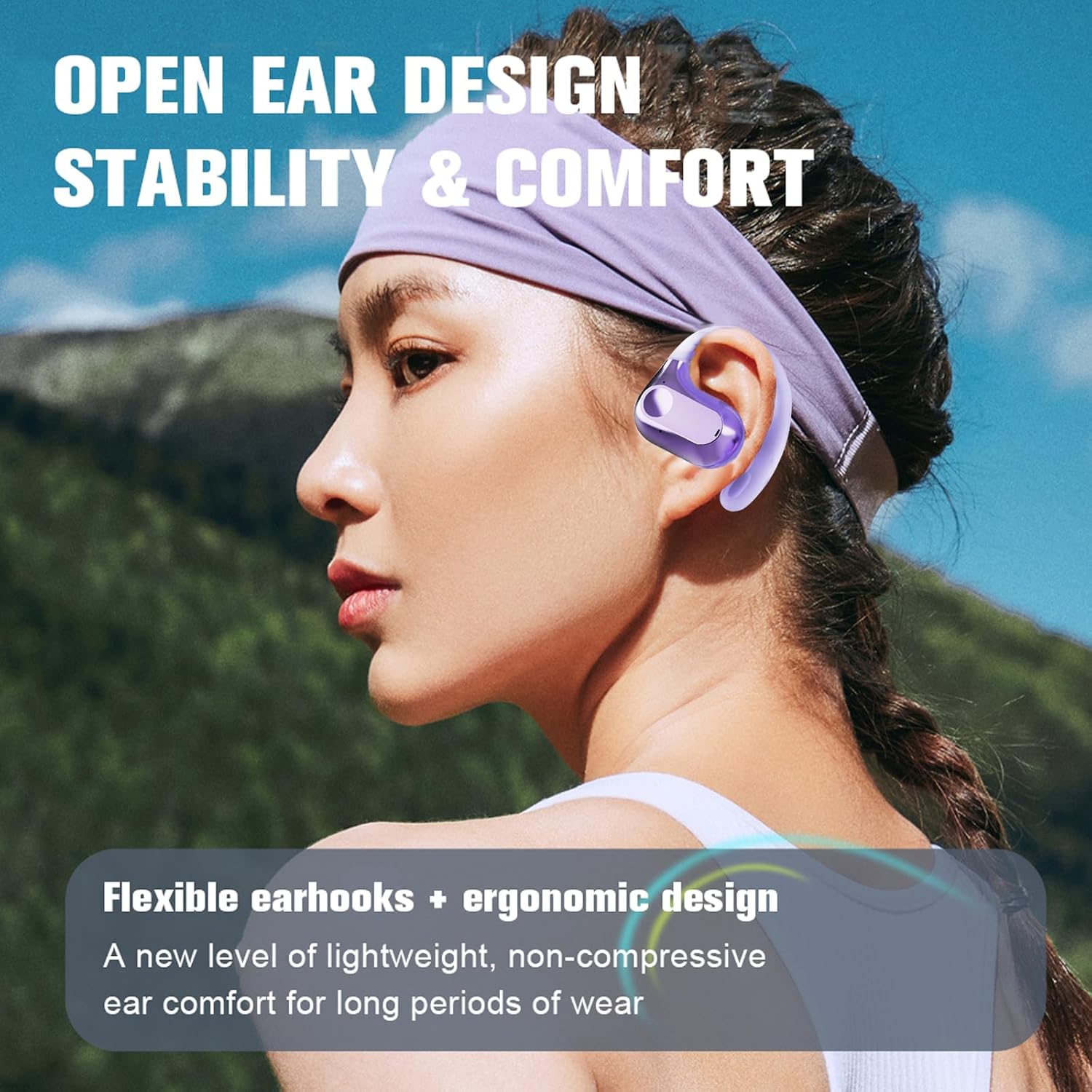 Person wearing open ear headphones with text 'OPEN EAR DESIGN STABILITY & COMFORT'