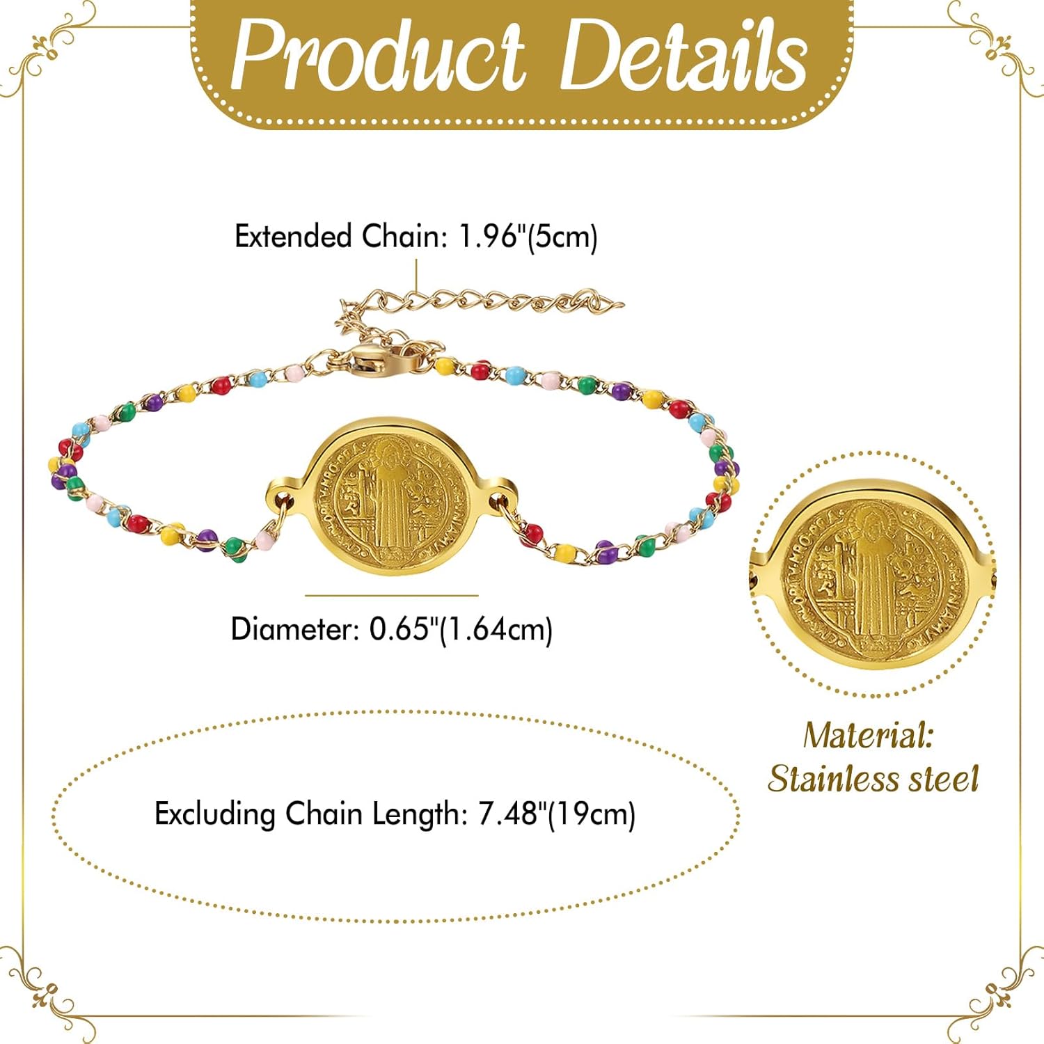 St. Benedict Medal Bracelet for Women: Stainless Steel Catholic Colorful Beaded Chain Bracelets Saint Benedict Religious Jewelry Gift - Image 6