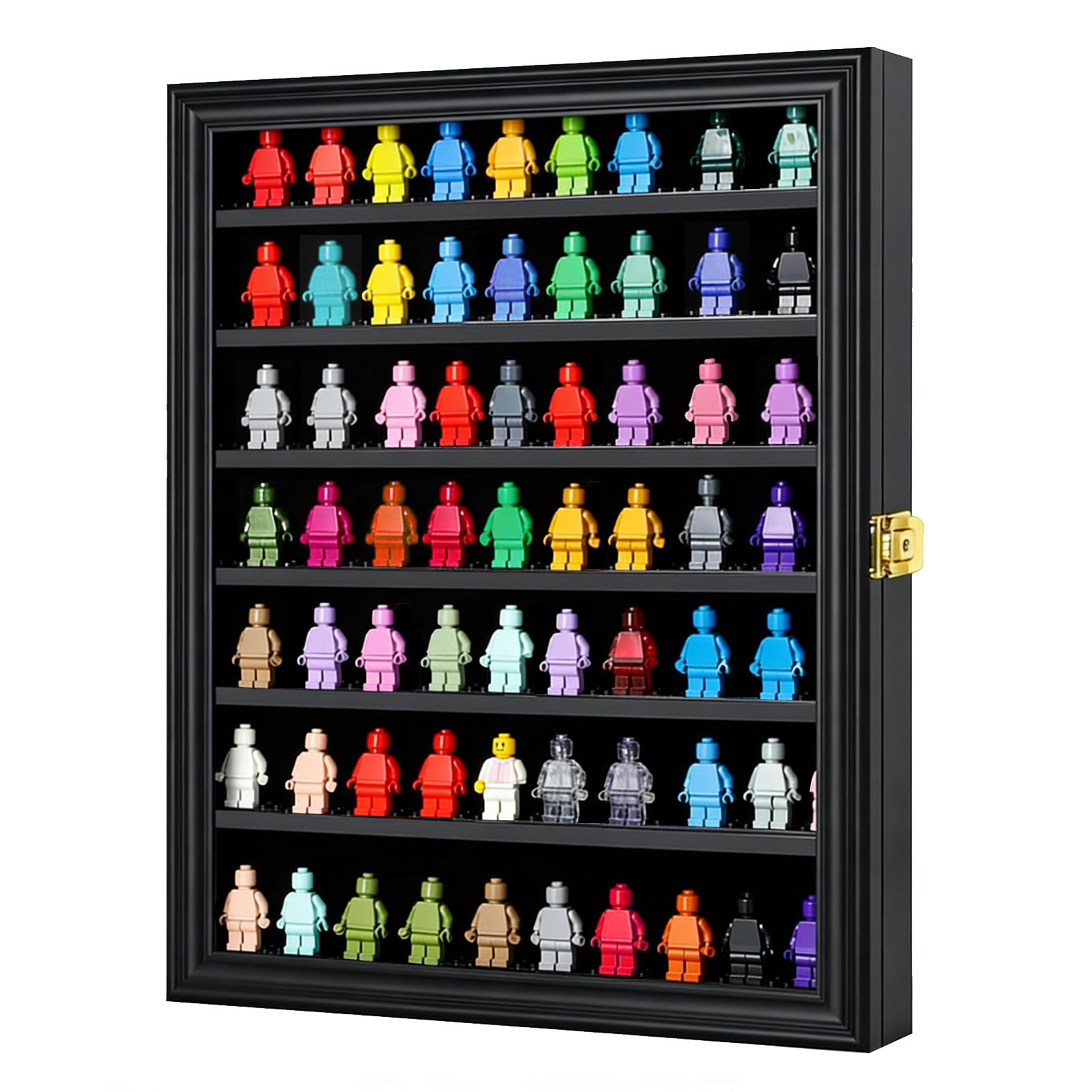 Minifigure Display Case - Miniature Action Figure Display Box - Wall Mount Figures Memorabilia Display Cabinet for with Uv Protected Anti Fade 92% Clear for Small Objects Lockable Large Black
