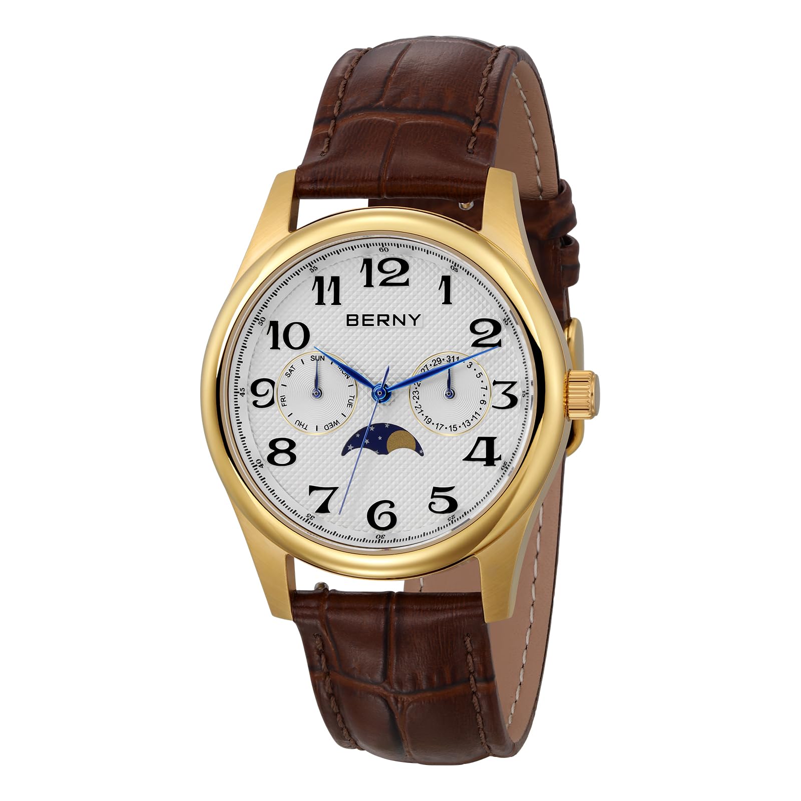 BERNY Reloj para Hombre Cuarzo Fase Lunar Masculino Reloj de Pulsera Dial Analógico de Fácil Lectura con Números Arábigos