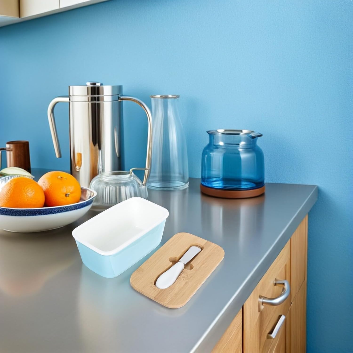 NUOBESTY Butter Box with Lid 600ml Ceramic Butter Keeper Tray with Spatula for Refrigerator and Kitchen Countertop Storage Light Blue Rectangular