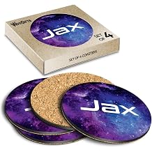 4 x Boxed Round Coasters - Name Jax Space Universe Galaxy Stars Letter Lettering Initial Cork Backed MDF Glossy Tea Coffee Accessory #262018
