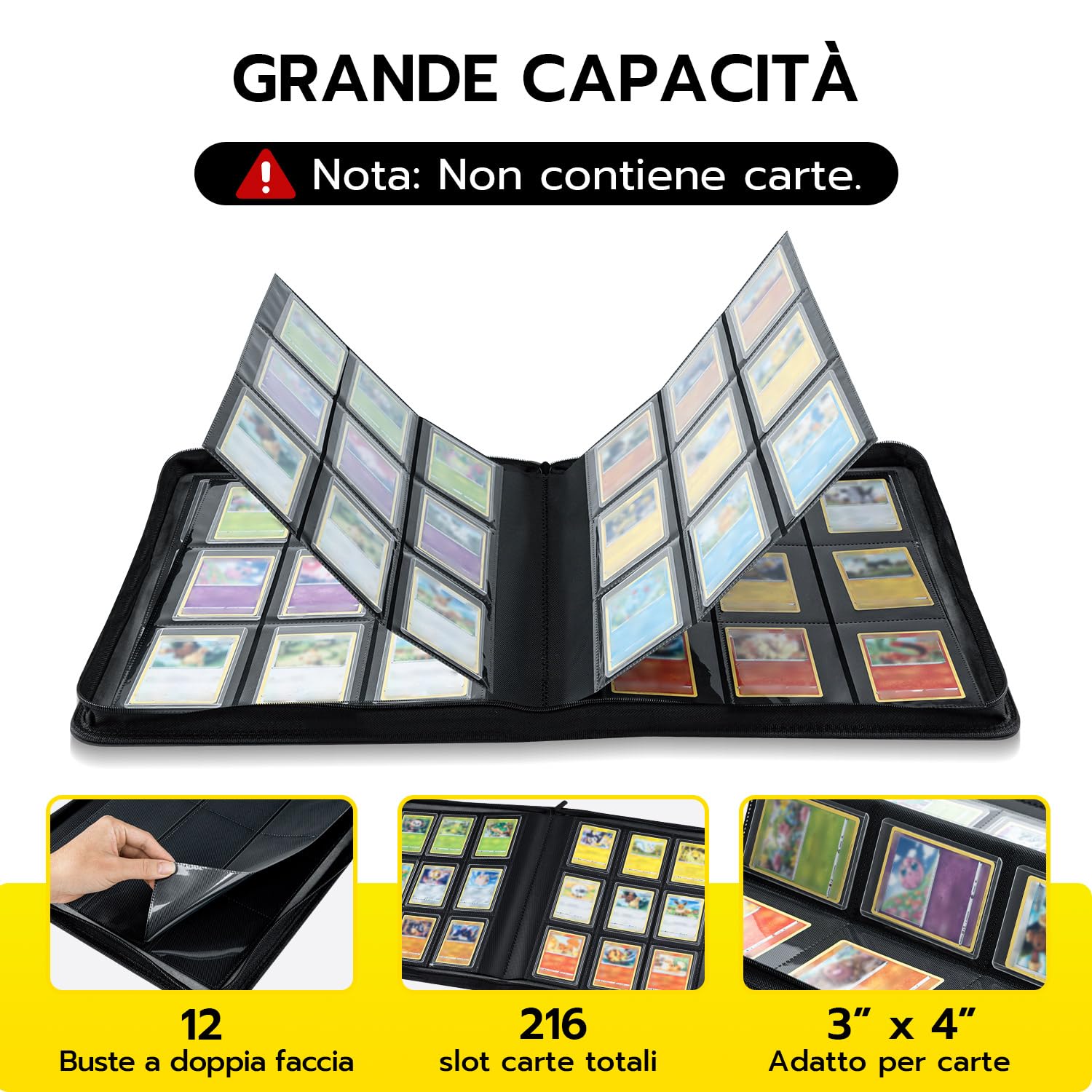 Raccoglitore Toploader,Album 9 tasche con 216 scomparti per Carte da Collezionabili con 10 Toploader, Libro Porta Carte per Carte Toploader 3"x4", Magic, YuGi Oh, MTG
