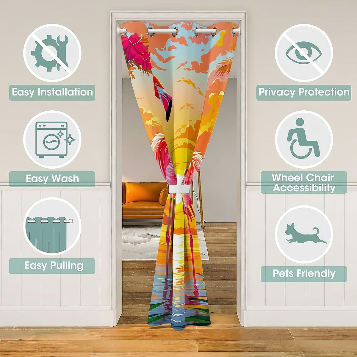 Manfei Tropical Flamingo Door Curtain for Doorway Privacy Summer Coastal Foliage Sliding Closet Door Curtains Lakeside Sunset Privacy Curtains Cover for Room Divider,W42 X L80 Gold Pink image 3