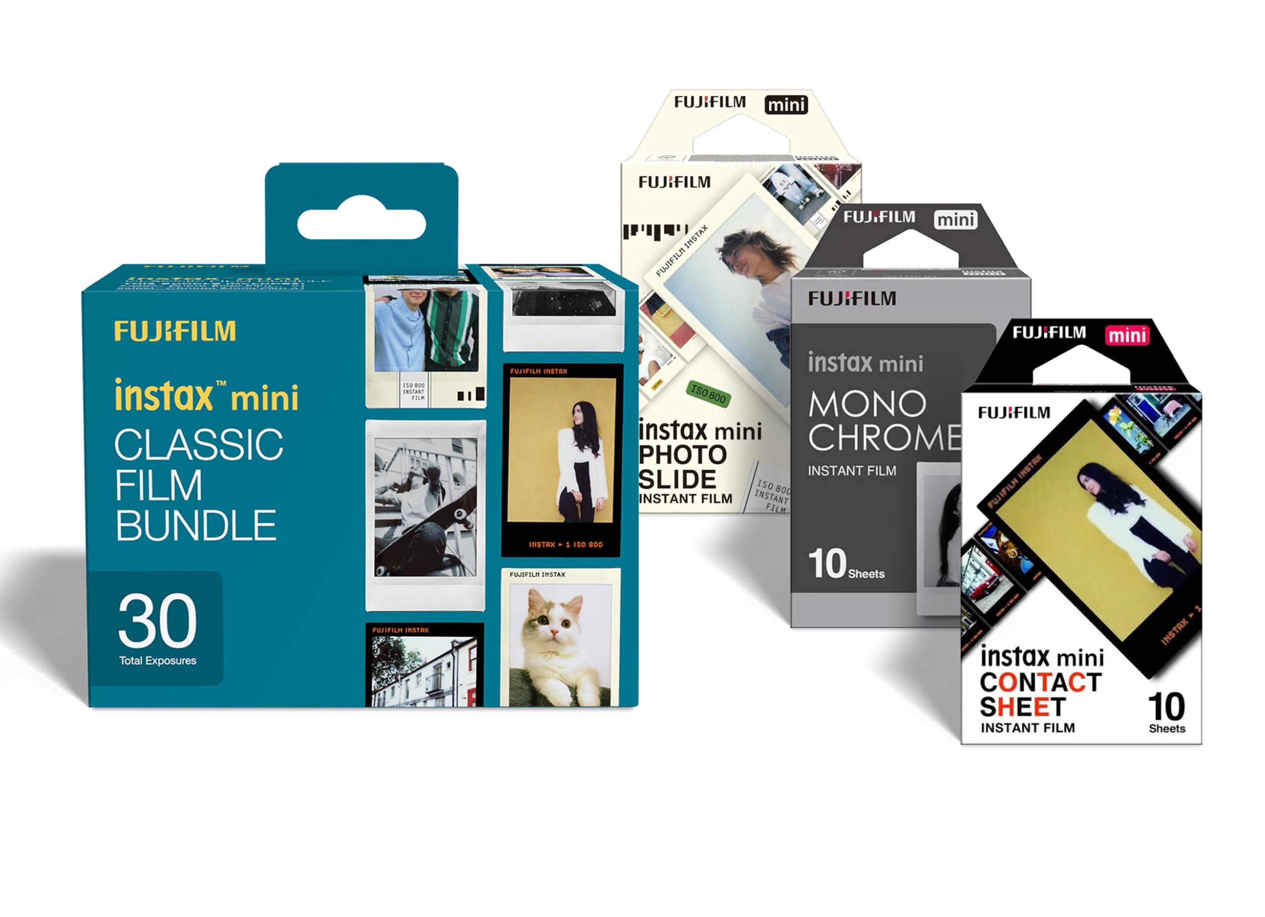 instax mini CLASSIC film bundle pellicole, 30 scatti, 3 pacchi da 10 scatti, motivo bordo Photo Slide, Contact Sheet e pellicole Monochrome