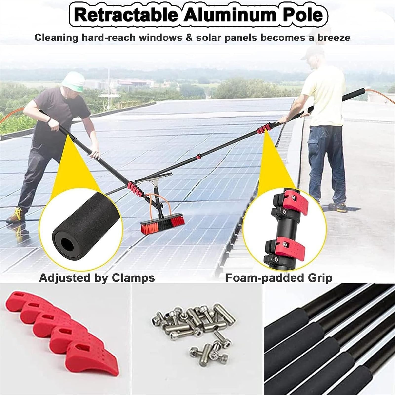 Kit de Limpieza con Cepillo telescópico y Mango Alimentado por Agua, Cepillo para Limpiar Ventanas con rasqueta, Cepillo telescópico para Limpiar Paneles solares y ventan