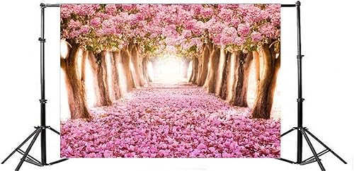 Miniatura 4 de AOFOTO Fondo de vinilo de flores de cerezo de primavera de 7 x 5 pies, diseño de flores rosadas, árbol de pétalos florales, boulevard, fotografía de